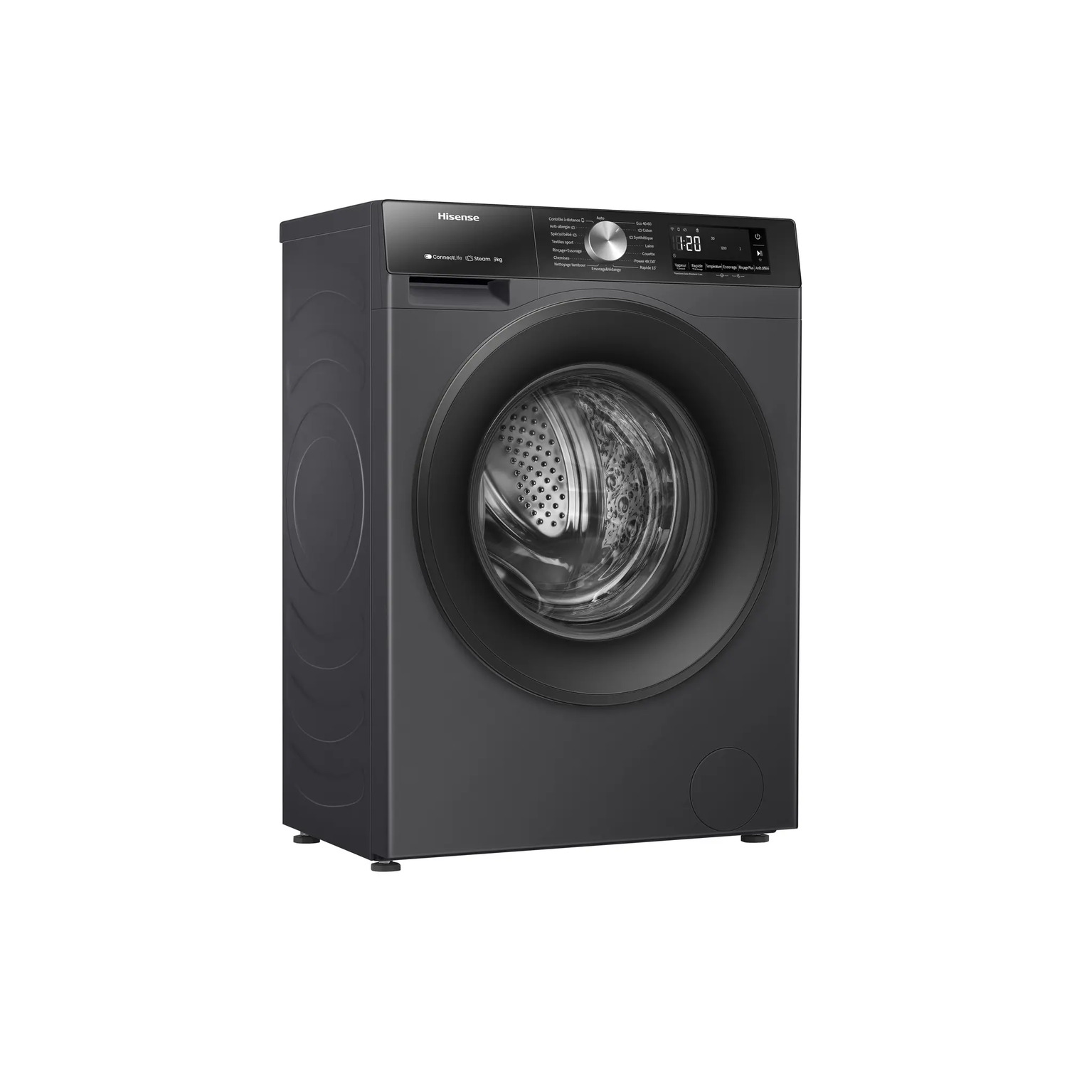 A black Hisense washing machine with a round door and digital display.