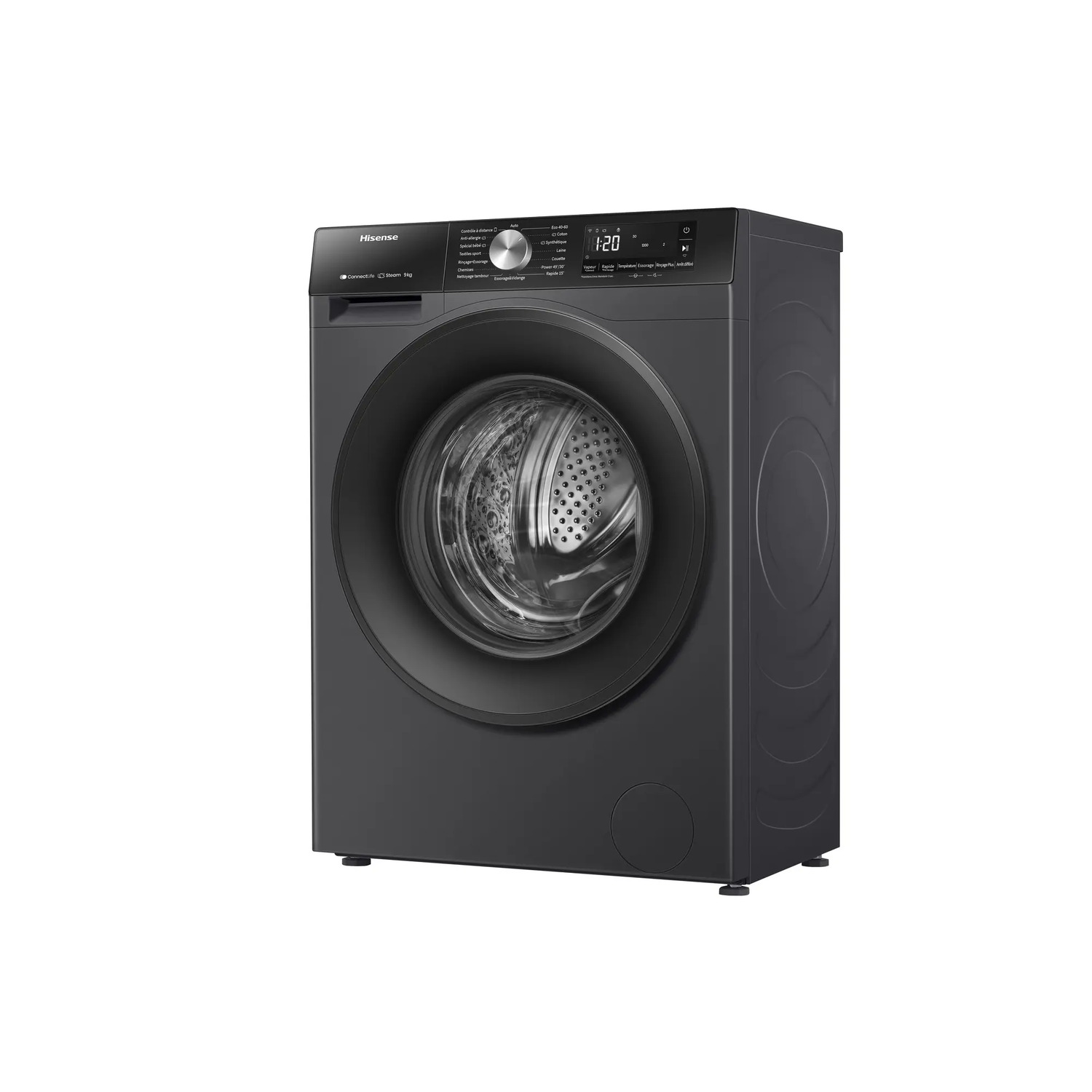 Black Hisense washing machine, front view. Shows a circular door and a control panel.