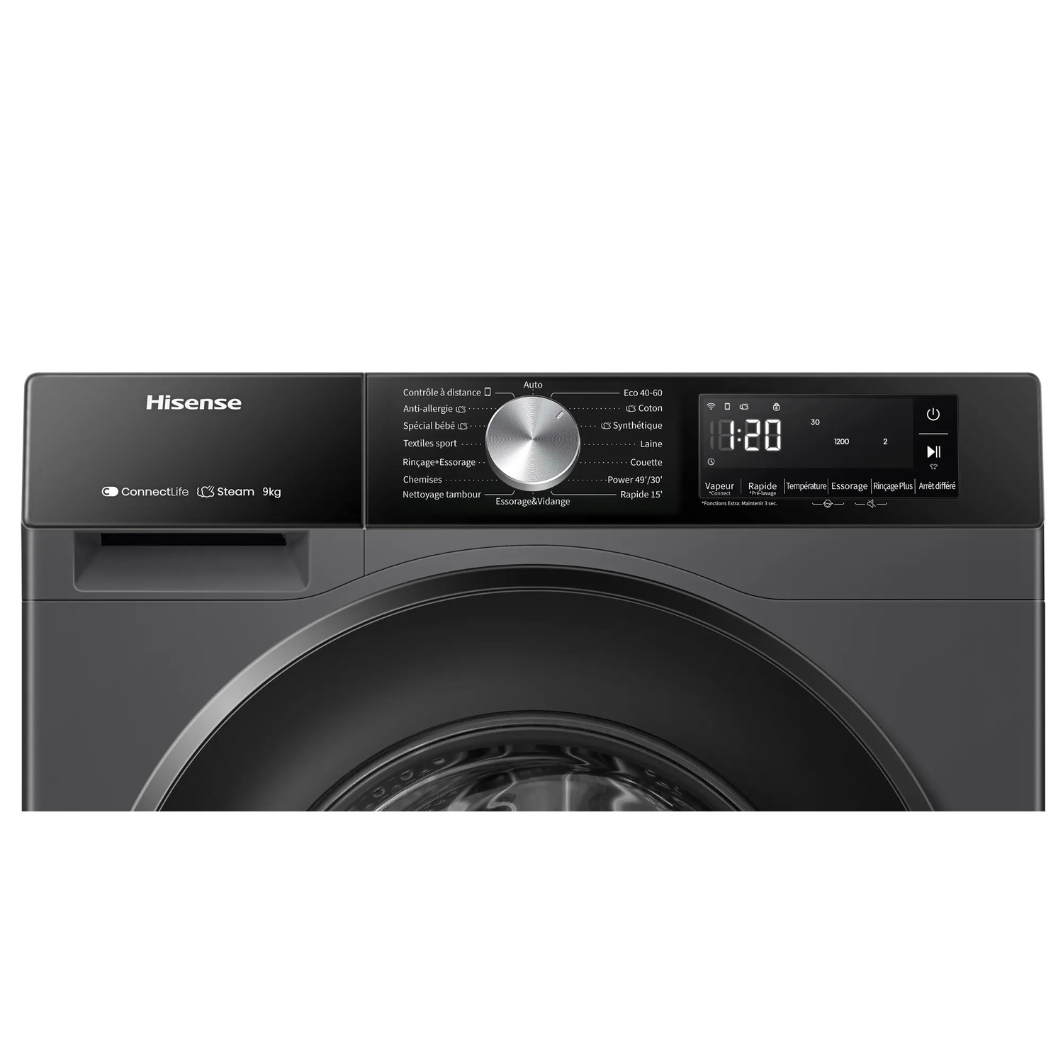 Washing machine control panel with a digital display and various buttons.