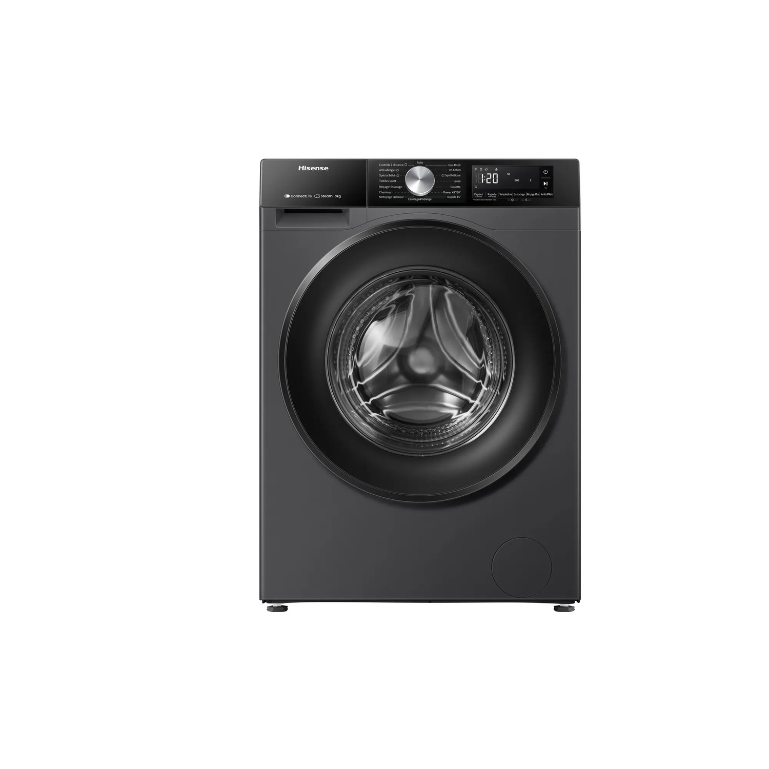 Black Hisense washing machine on a white background. Digital display.