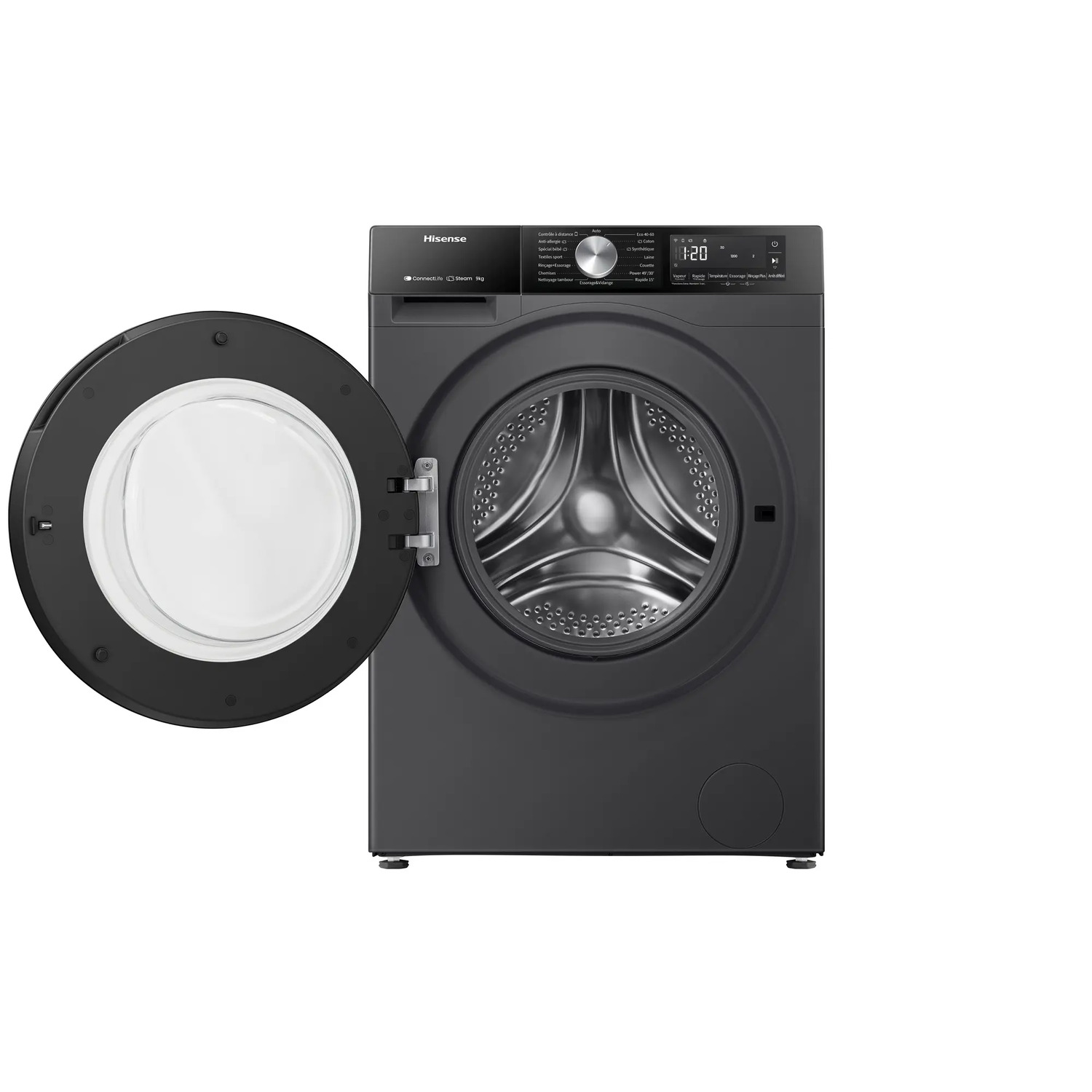 A black Hisense washing machine with the door open on a white background.