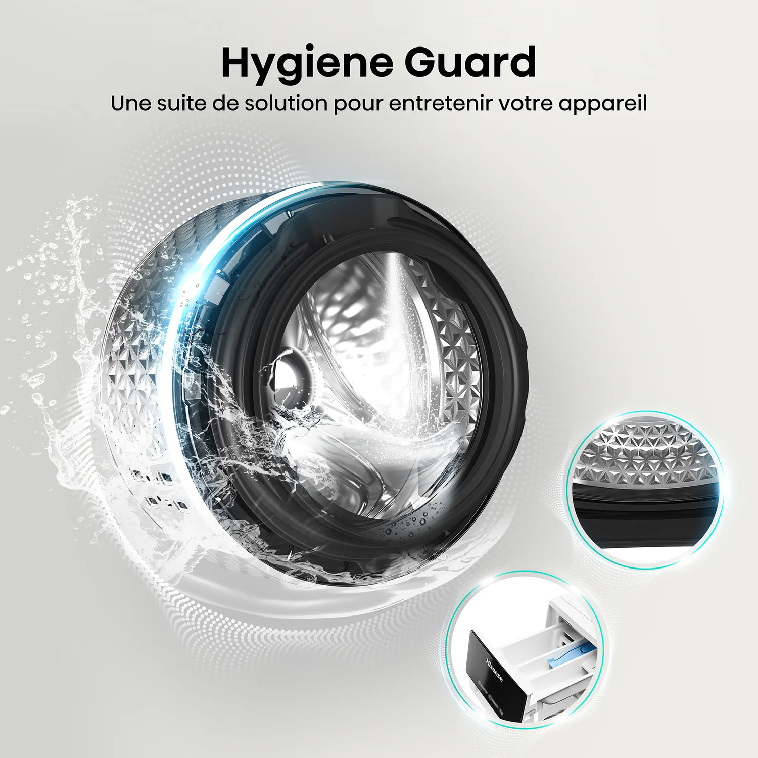 Machine à laver au design circulaire avec des éclaboussures d'eau.