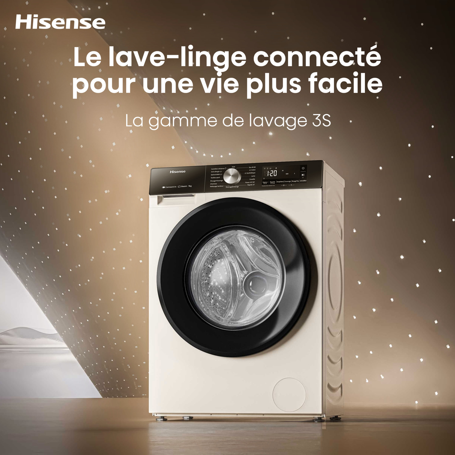 Lave-linge Hisense, texte en français sur un appareil connecté.