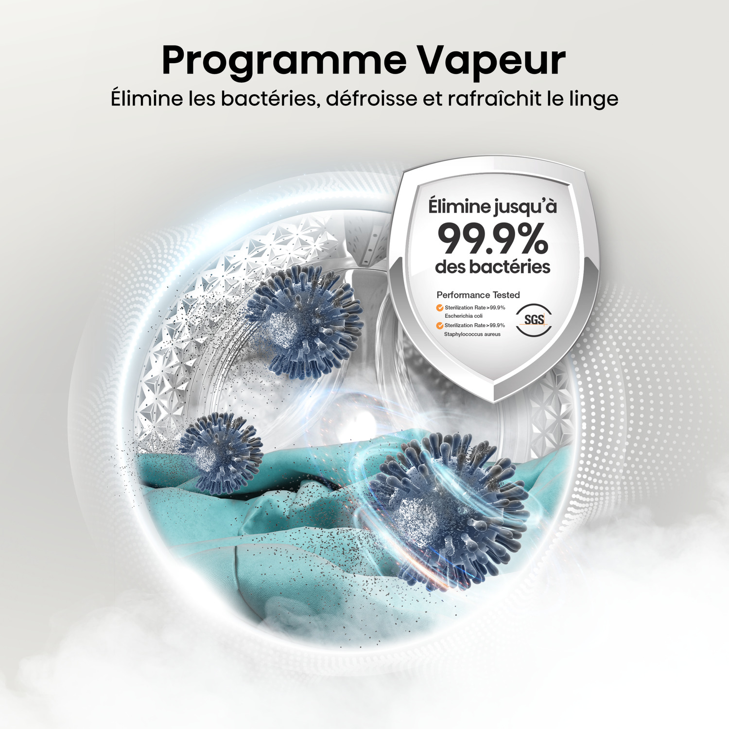 Publicité pour lave-linge montrant l'élimination des bactéries. Bactéries bleues sur tissu.