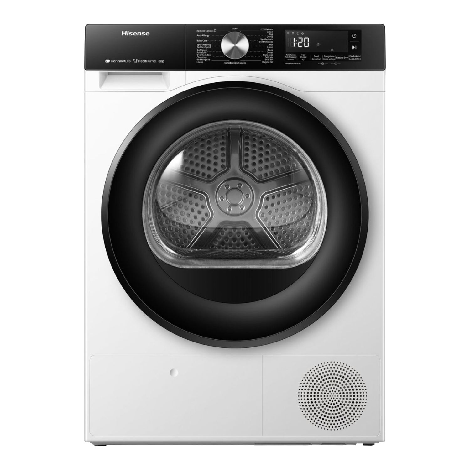 Sèche-linge Hisense blanc avec une porte et un panneau de commande noirs. Un écran affiche l'heure et les réglages.