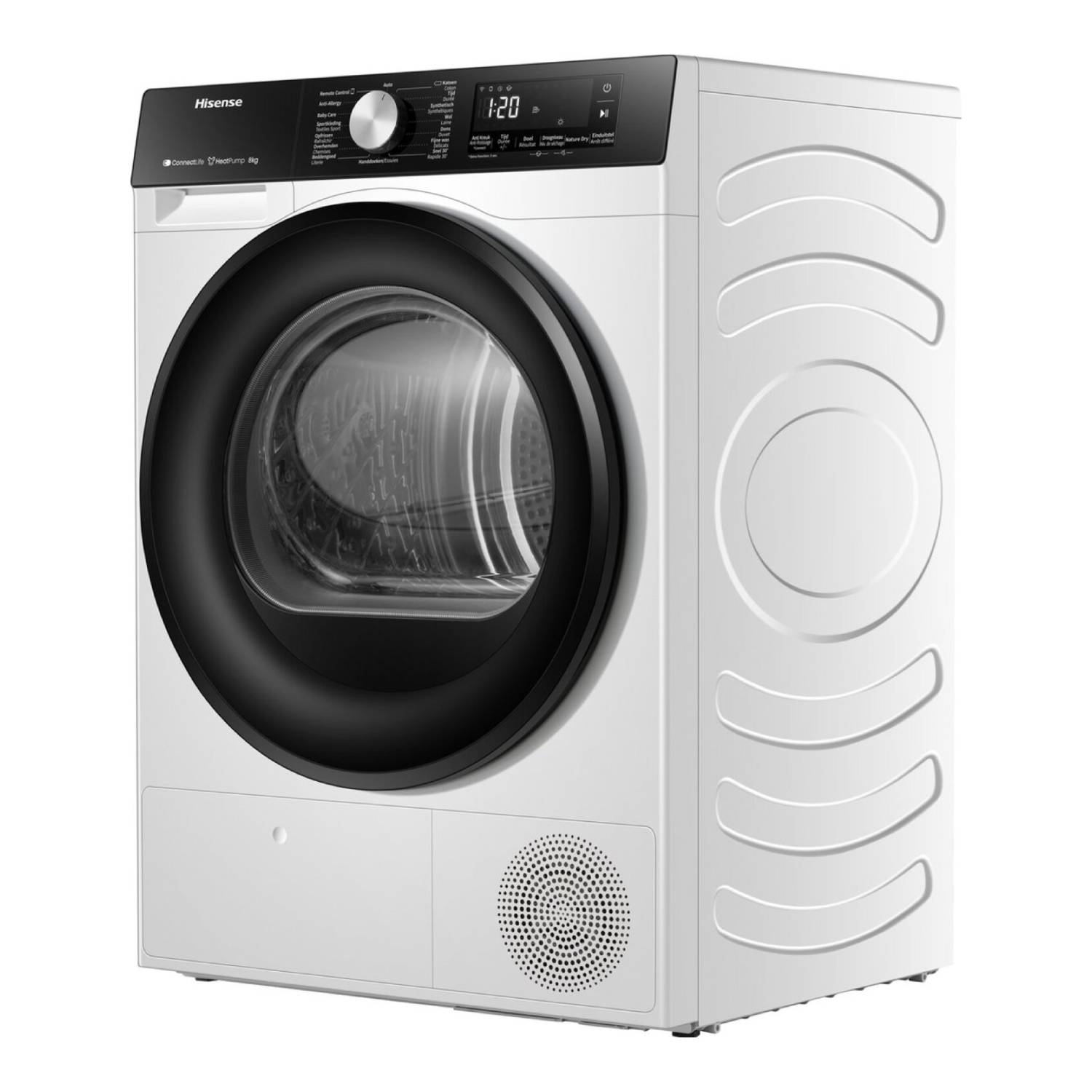 White Hisense dryer with black door and control panel with digital display.