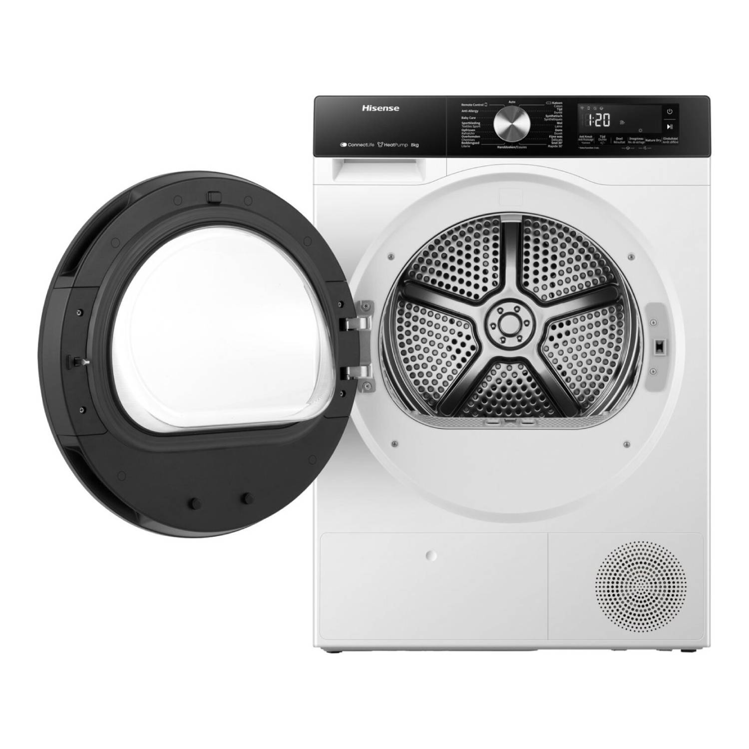 White Hisense dryer with open door, control panel with display.