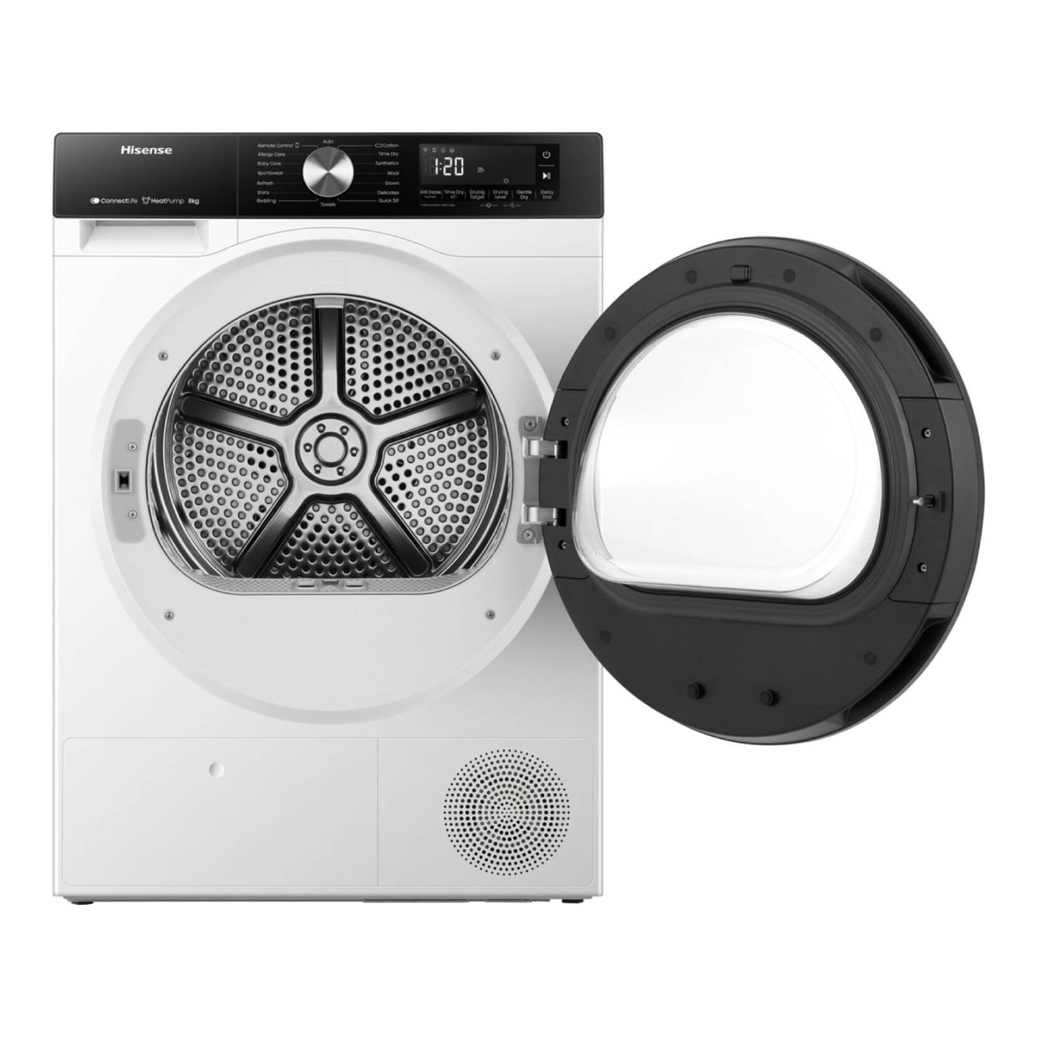 White Hisense dryer with the door open, showing the drum and control panel.
