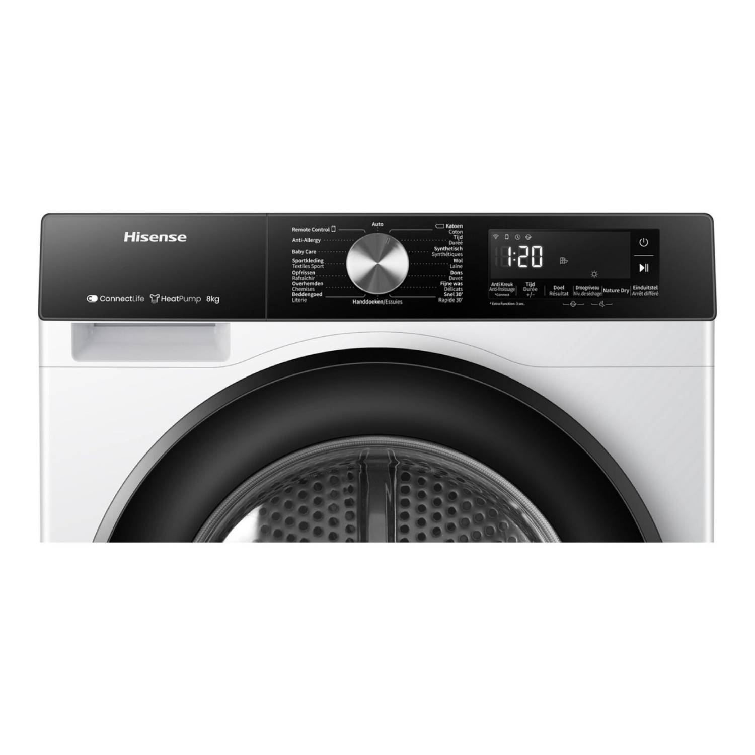 Close-up of a white Hisense dryer control panel with a display screen and buttons.