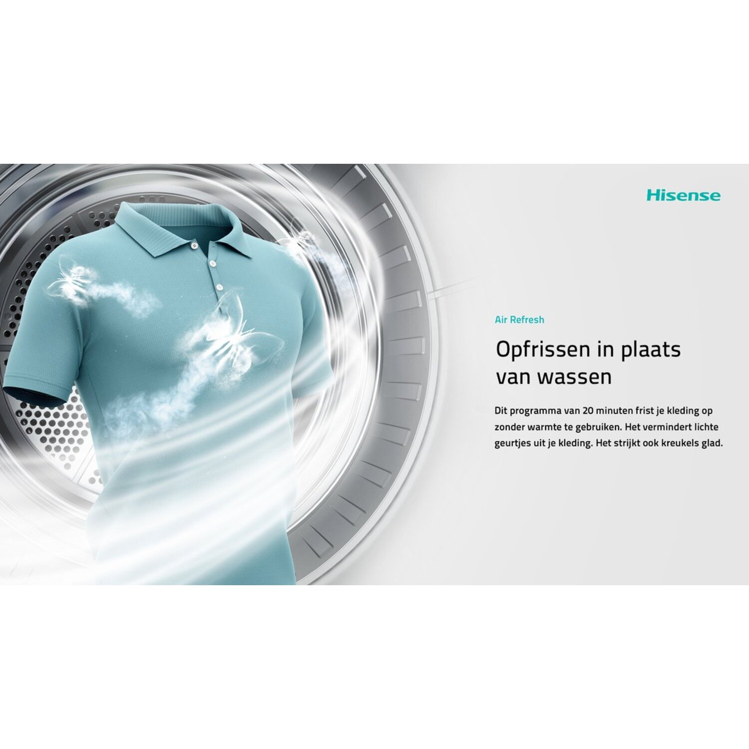 A blue shirt in a washing machine. The text promotes a refresh cycle.