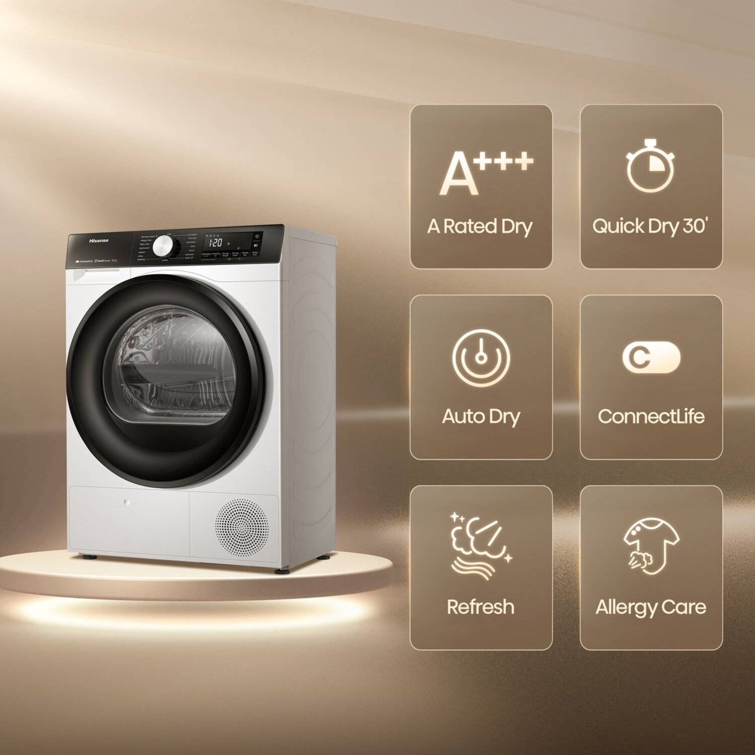 White dryer with icons for features.