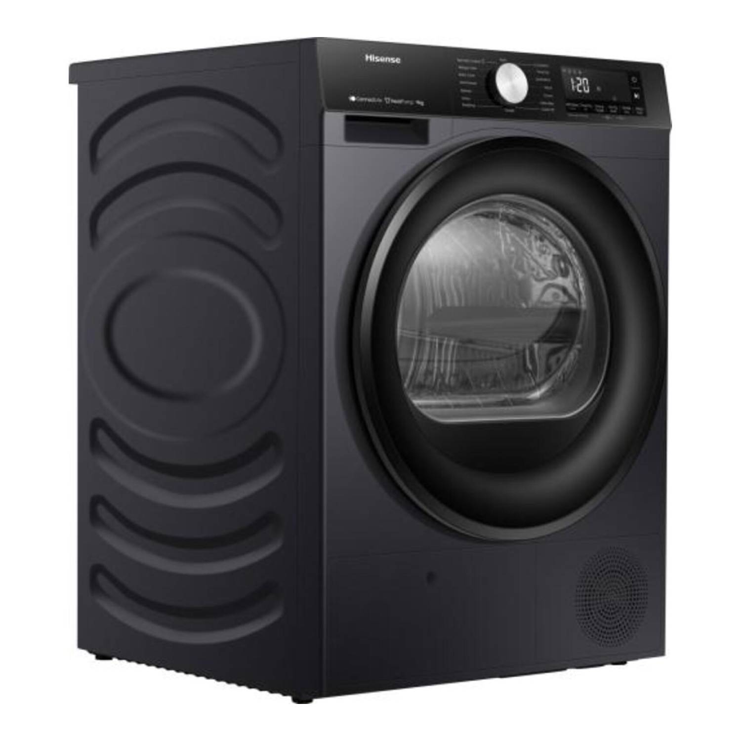 Sèche-linge Hisense noir, vue de face.