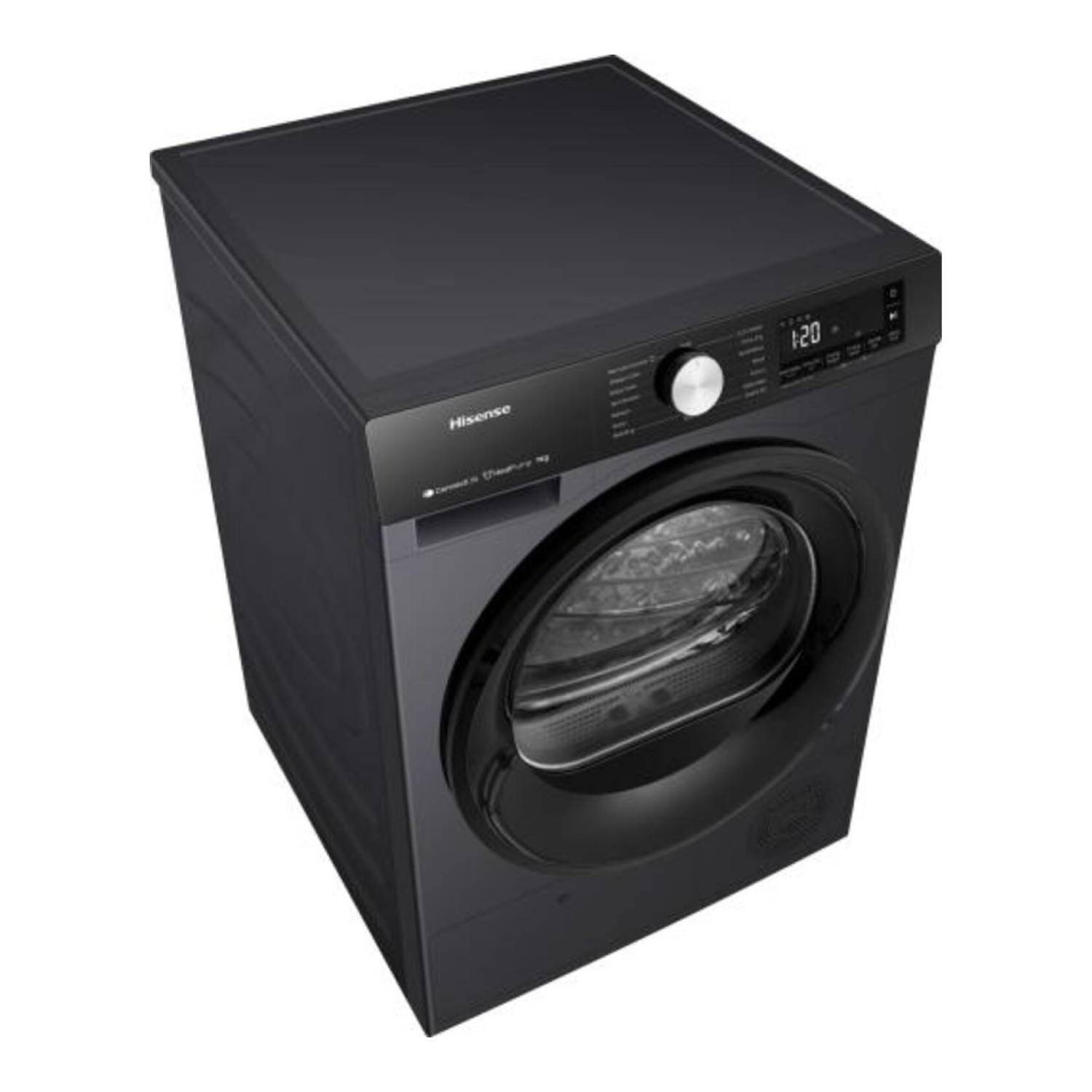 Une machine à laver noire, vue de dessus, sur fond blanc.