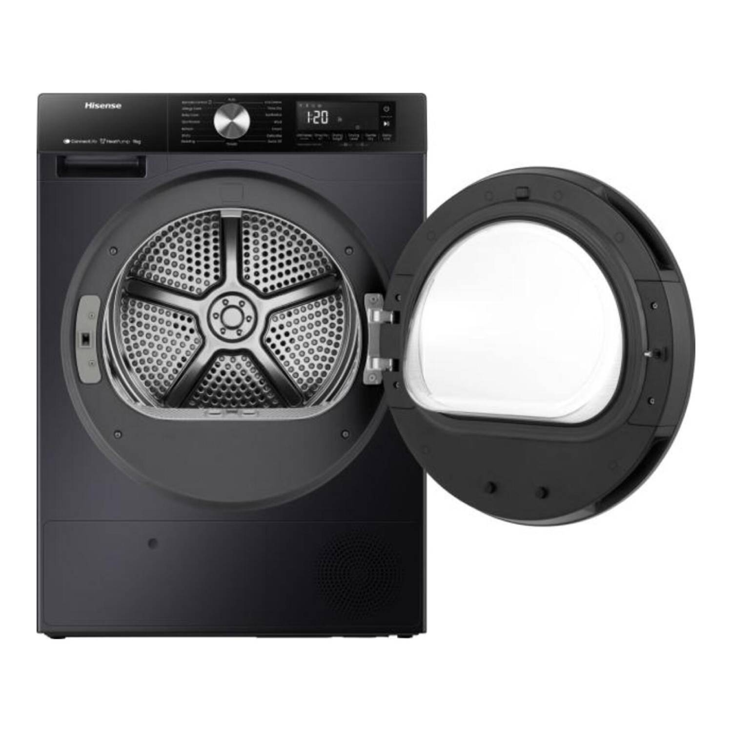 Un sèche-linge noir avec la porte ouverte.