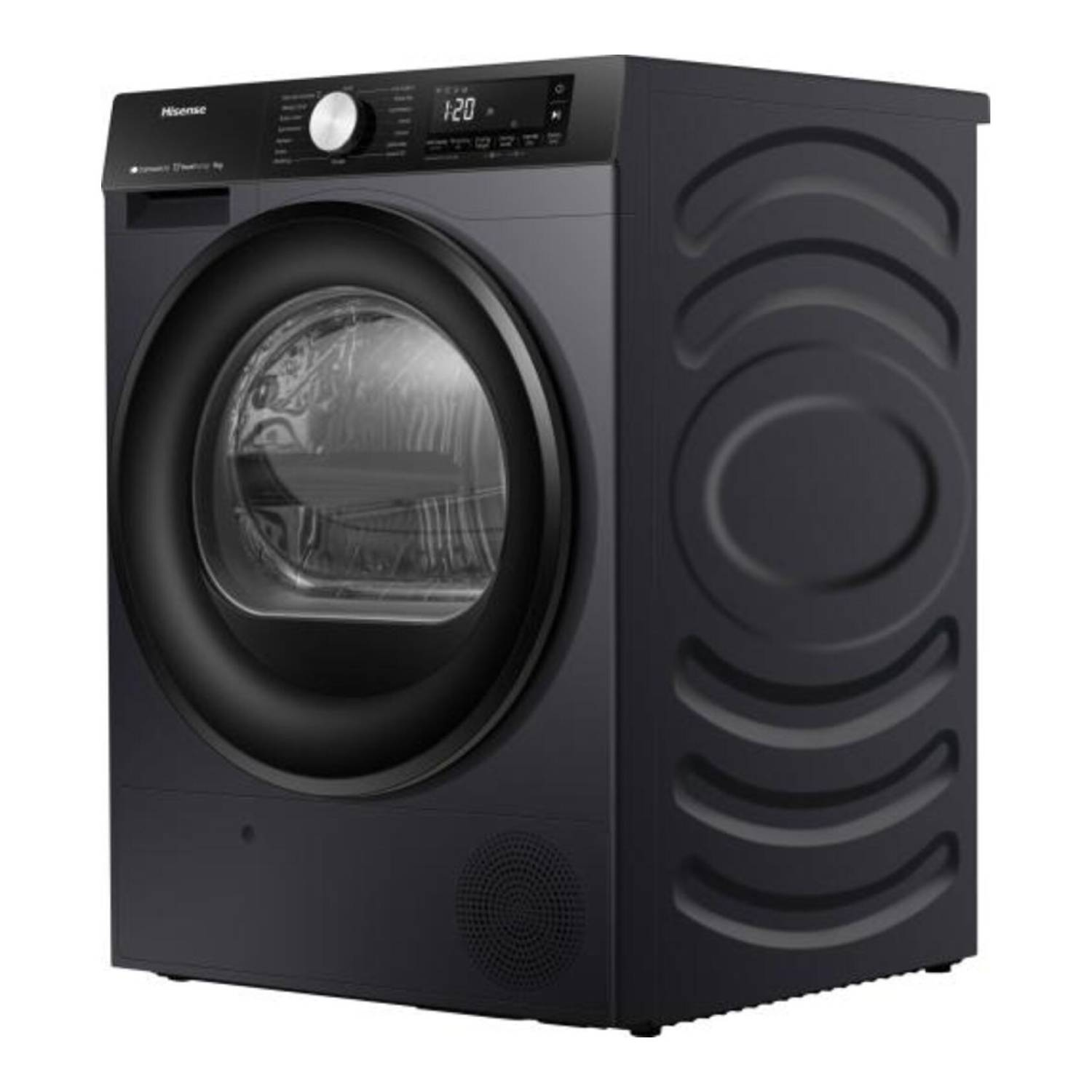 Sèche-linge Hisense noir. Vue de face, montrant la porte, le panneau de commande et les panneaux latéraux.