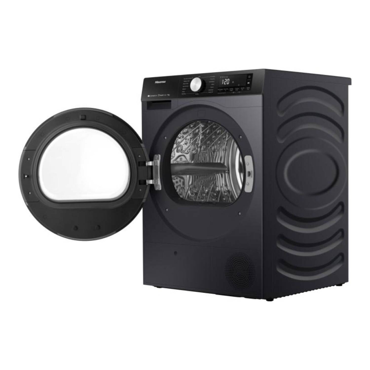 Sèche-linge Hisense noir avec la porte ouverte, montrant le tambour et les commandes.