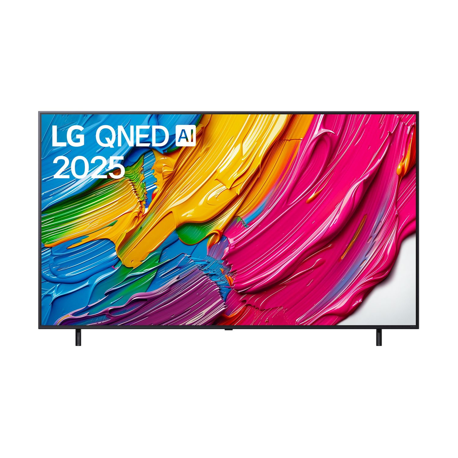 TV LG QNED 2025, sfondo artistico astratto colorato, cornice nera.