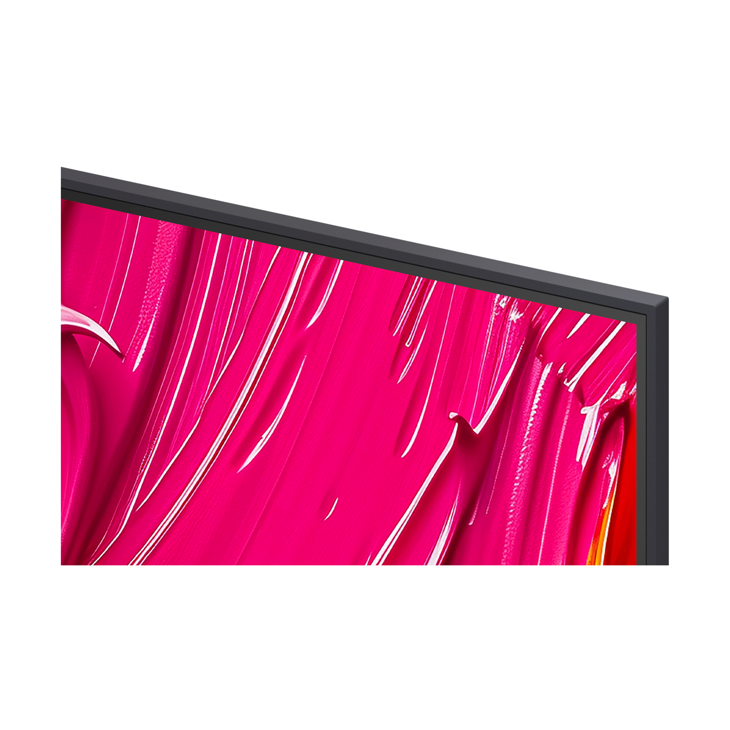 Primo piano di un angolo dello schermo TV che mostra un vivace motivo astratto rosa e bianco.