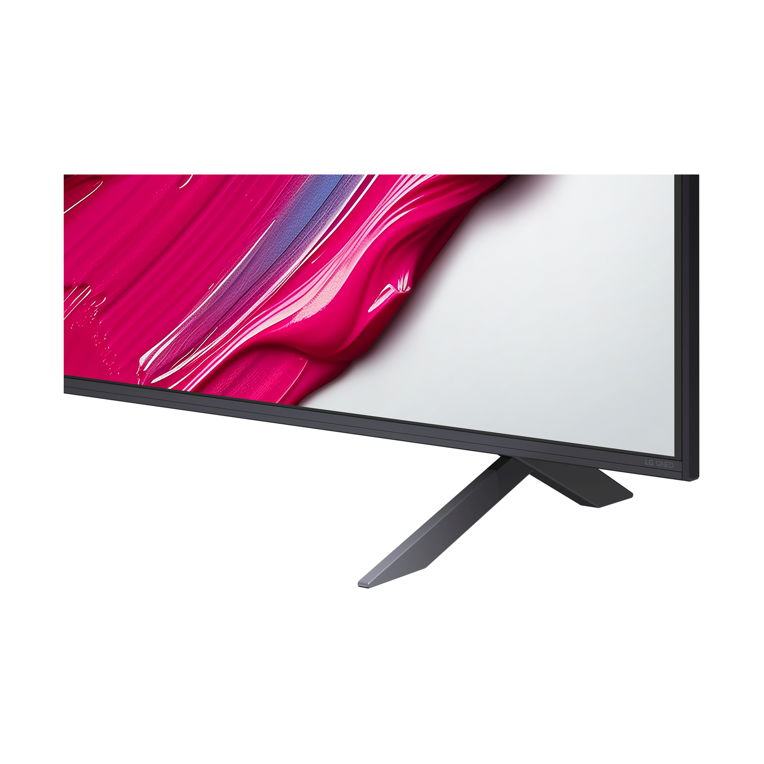 Una TV nera con supporto, lo schermo mostra una miscela di tratti di vernice rosa e bianca.