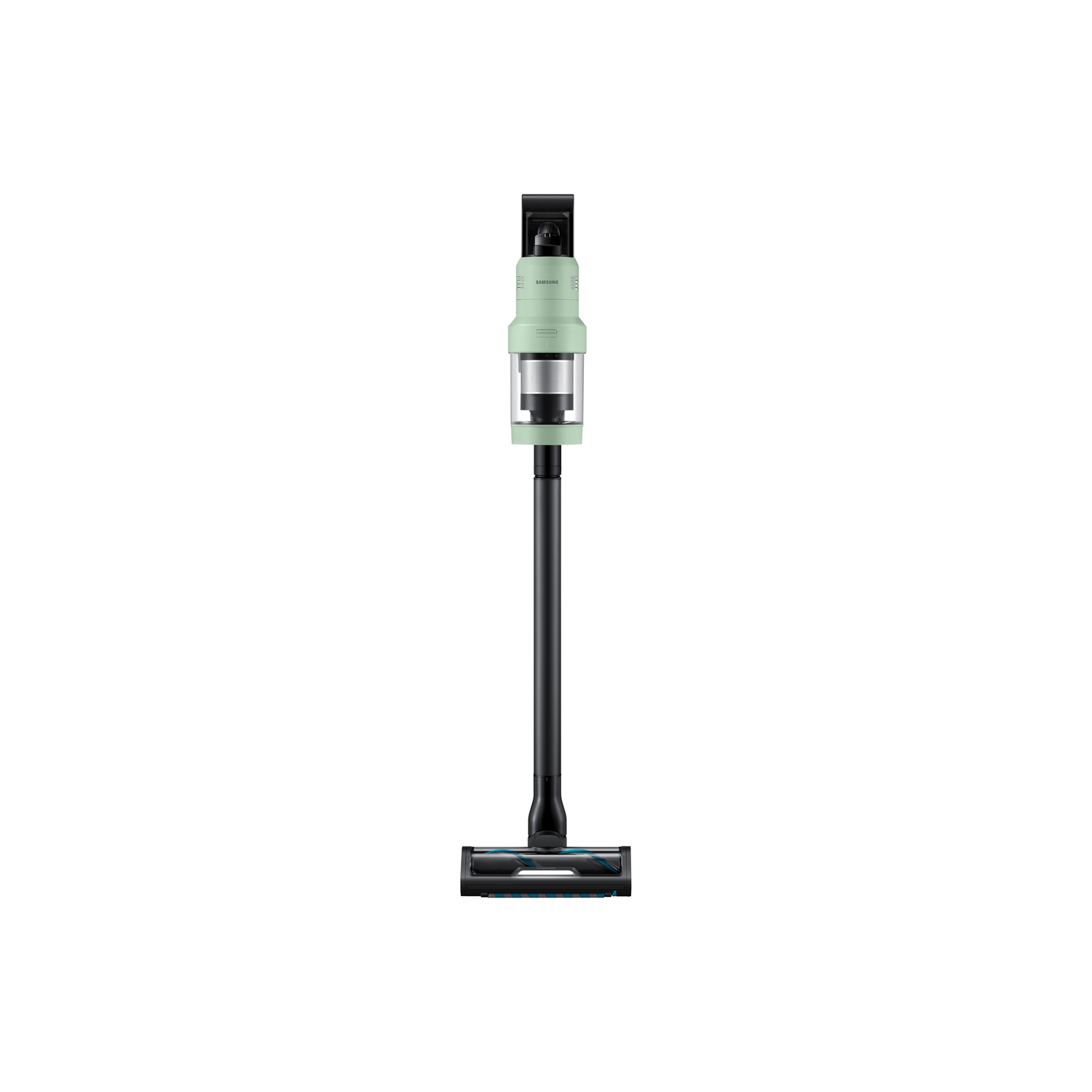 A green and black cordless vacuum cleaner on a white background.