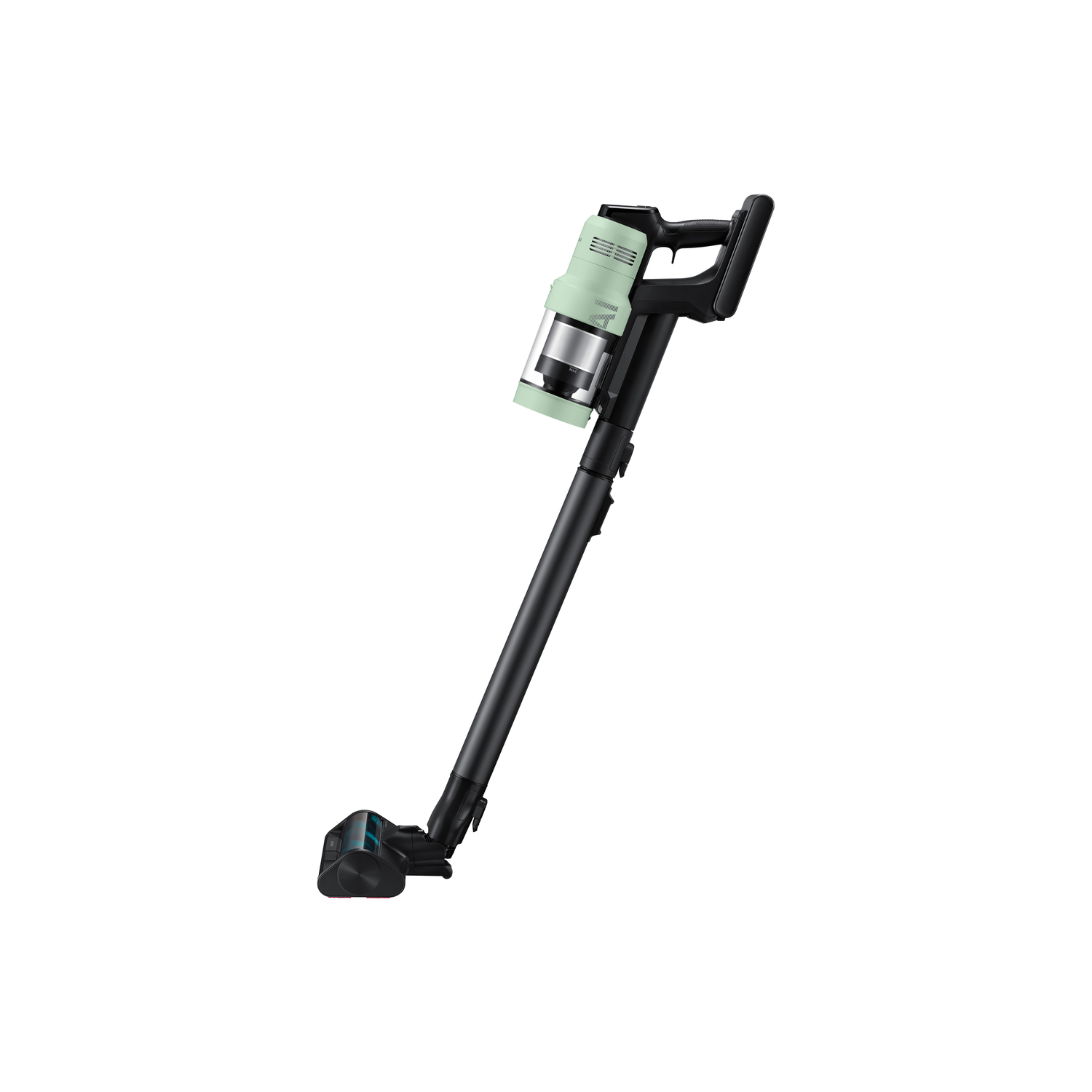 A green and black cordless vacuum cleaner. The background is white.