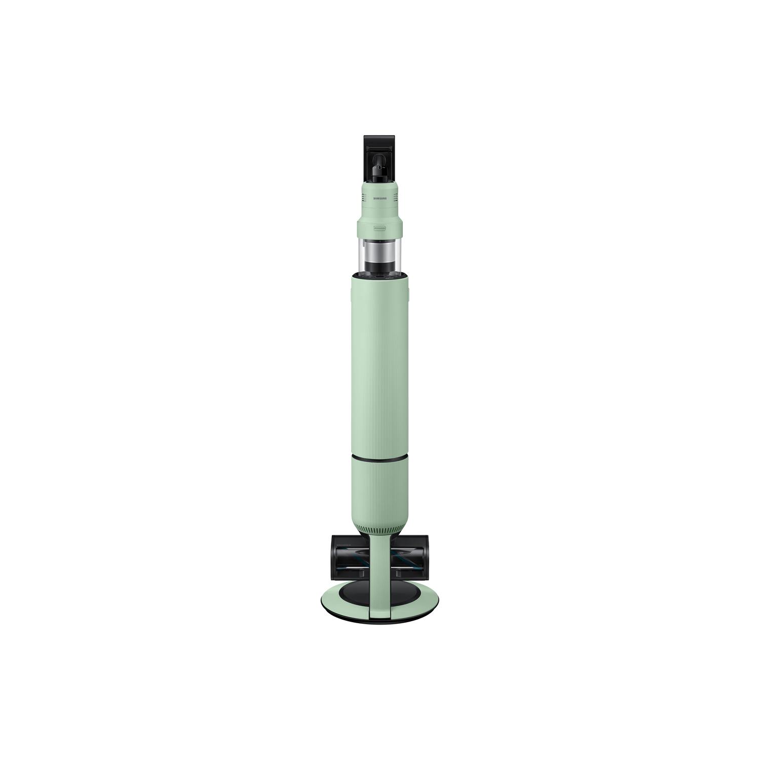 A mint green vacuum cleaner with black details, white background.
