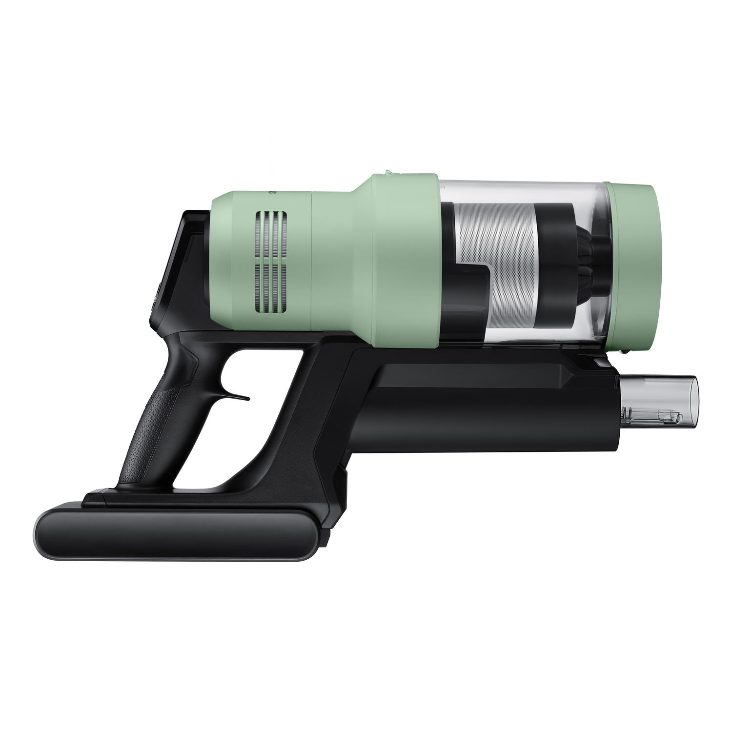 Handheld vacuum cleaner, black and green, on a white background, showing the handle and dust container.