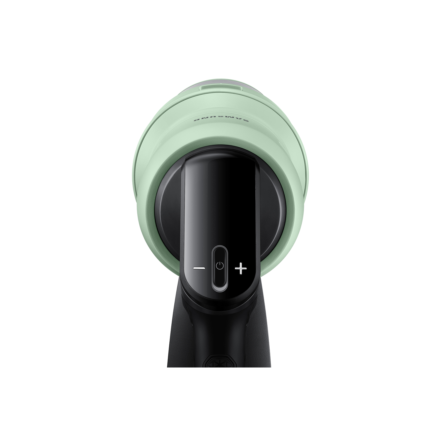 Green and black vacuum cleaner top. Power button and plus/minus controls. White background.