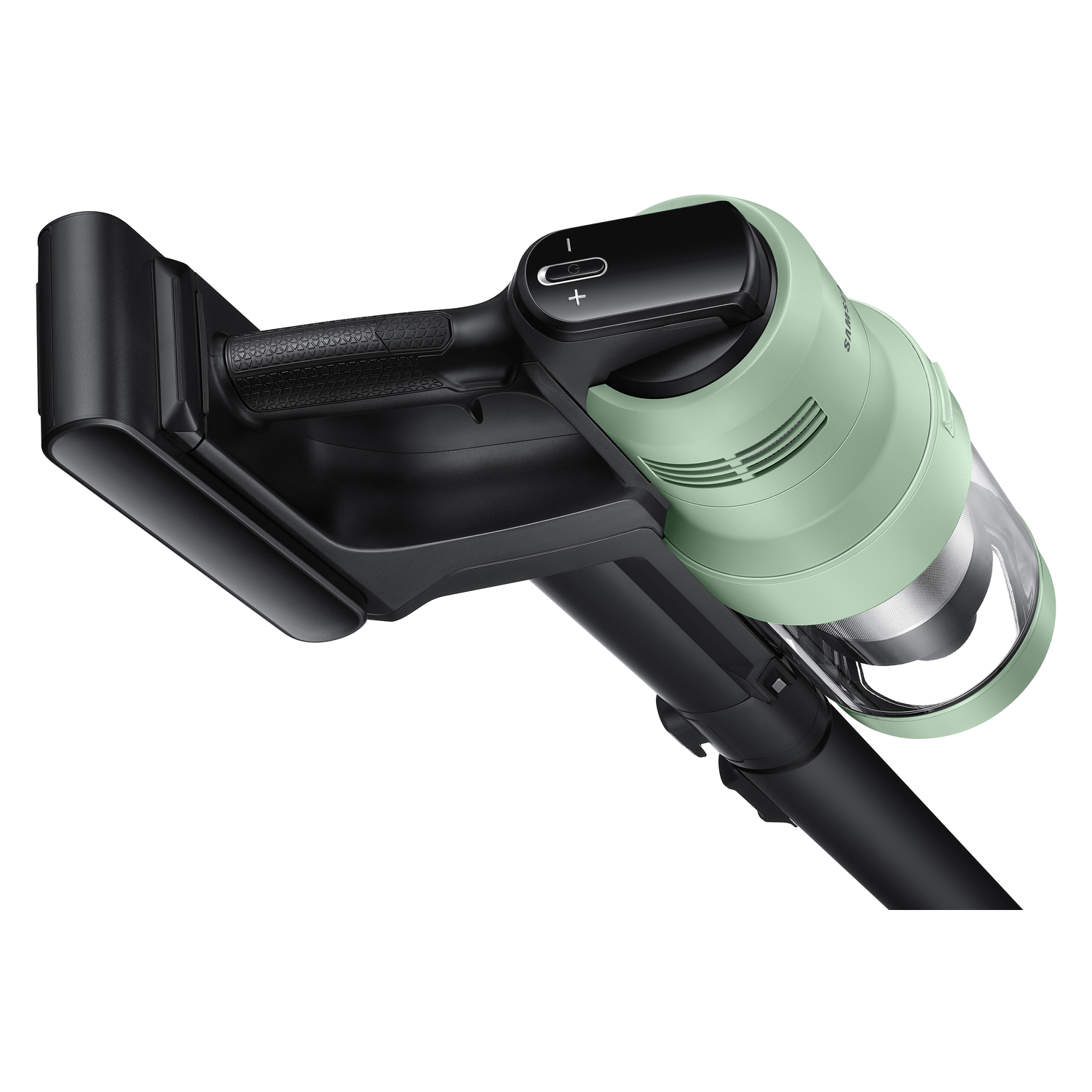 A cordless vacuum cleaner, green and black, angled view.
