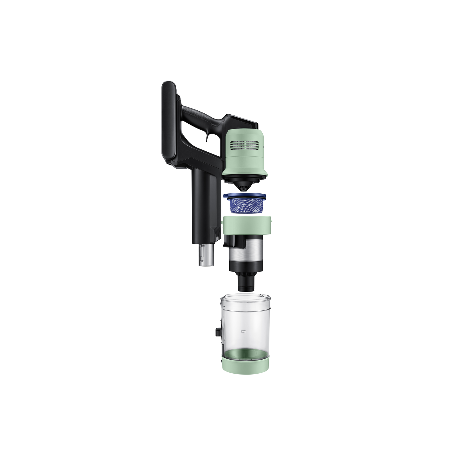 Disassembled vacuum cleaner. Green and black parts, showing internal components.