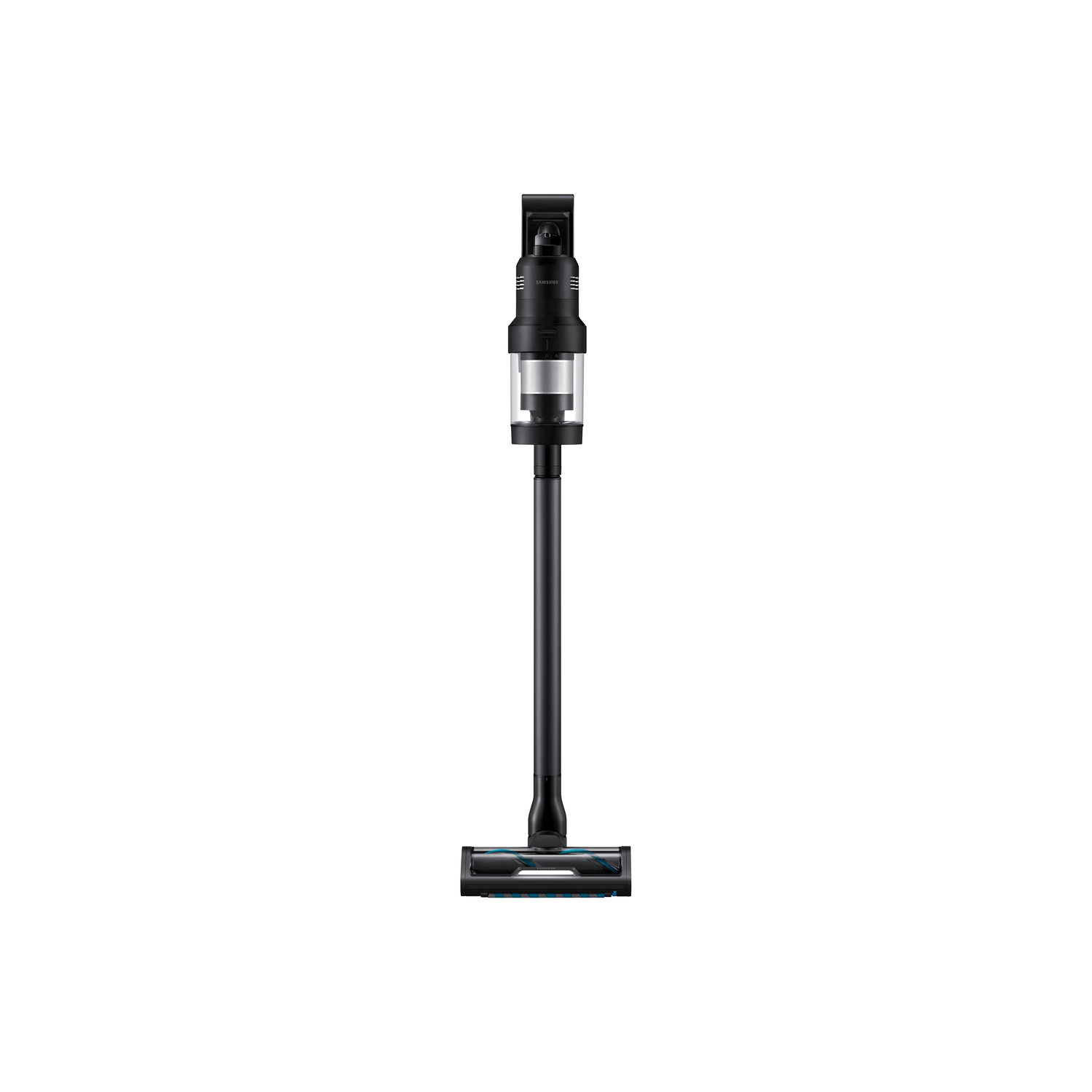 Aspirateur sans fil noir avec une longue poignée et une tête de brosse bleue.