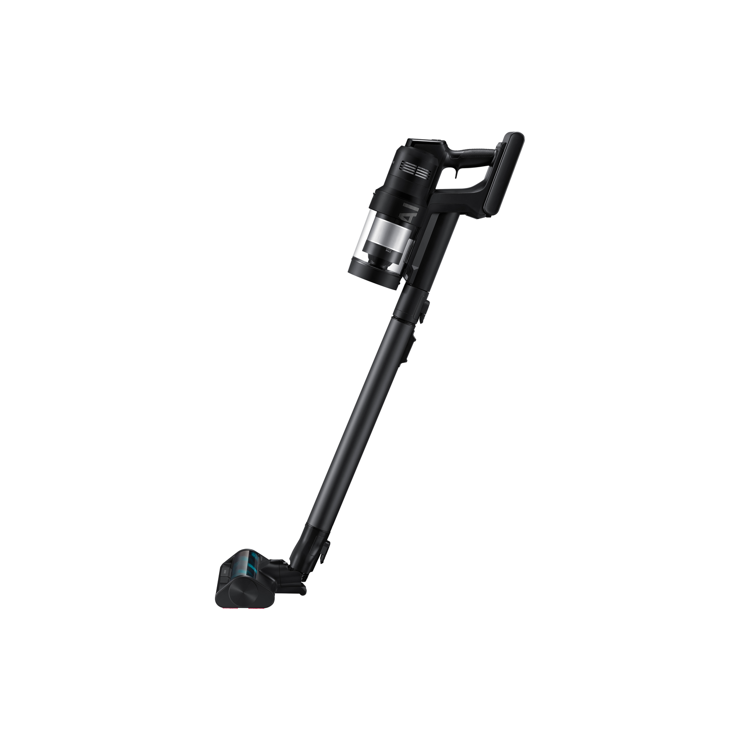 Aspirateur sans fil noir sur fond blanc.