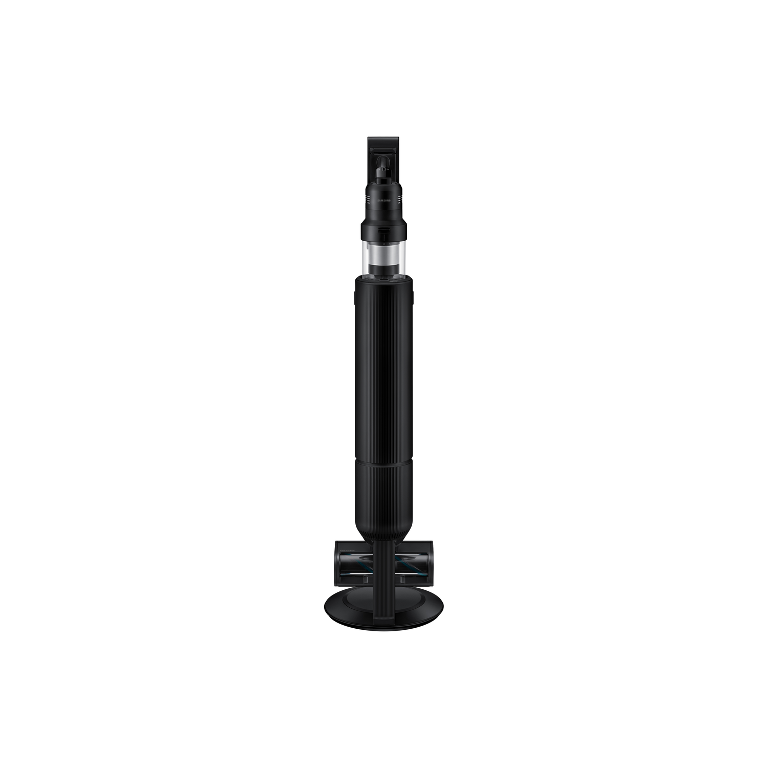 Aspirateur noir, design vertical, sur fond blanc.