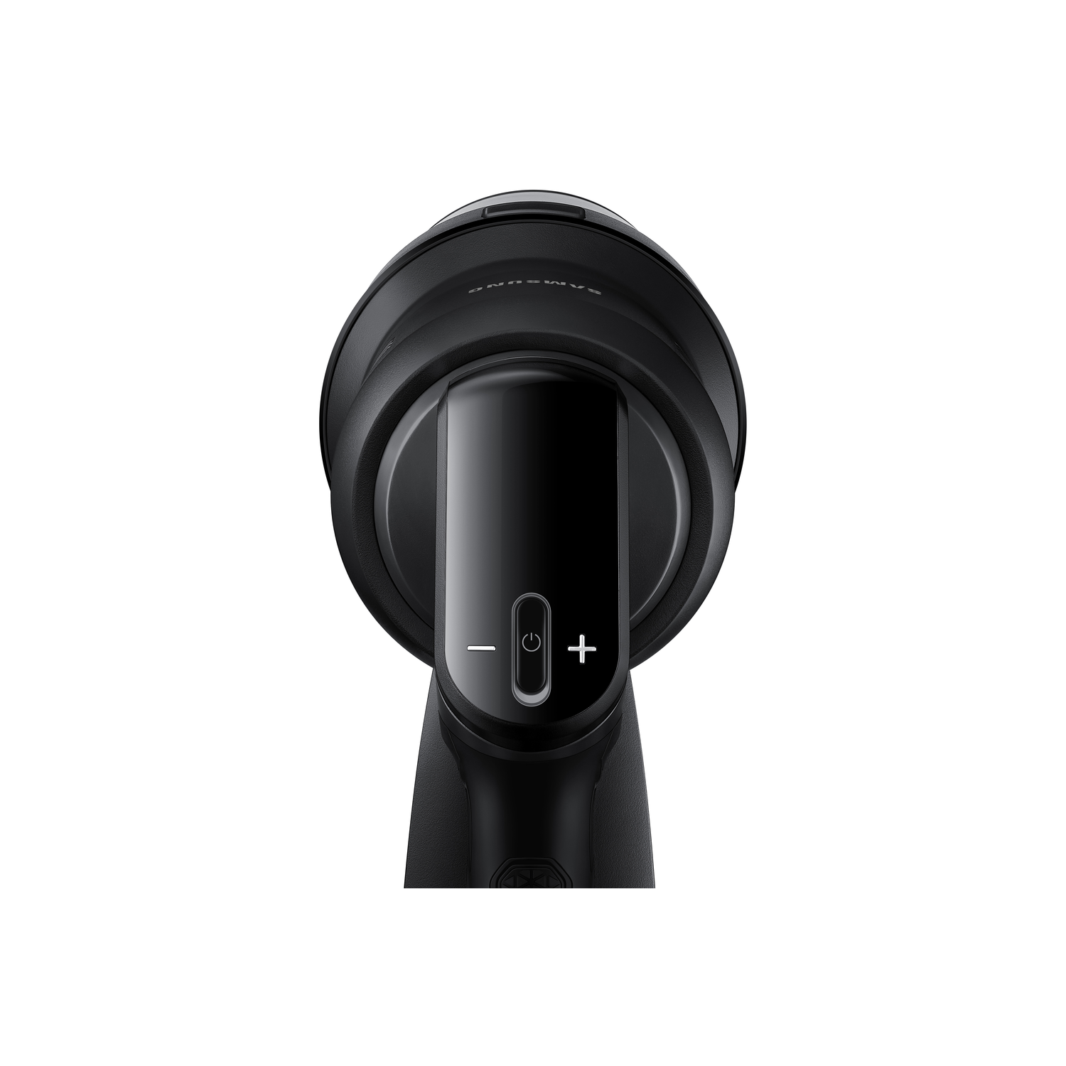 Vue de dessus d'une poignée d'aspirateur noire avec des boutons.