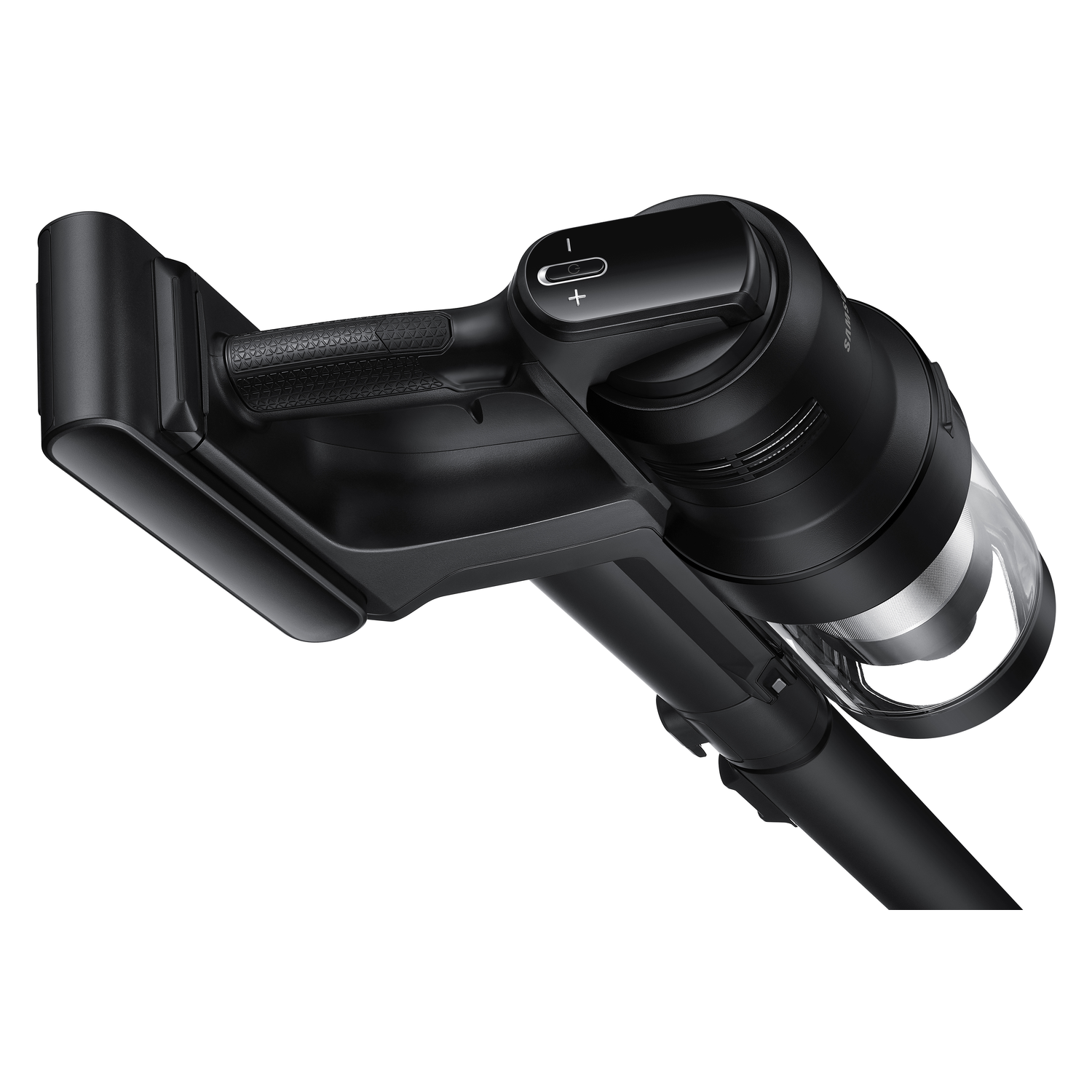 Aspirateur à main noir. Il a une poignée, des boutons et un récipient transparent à poussière.