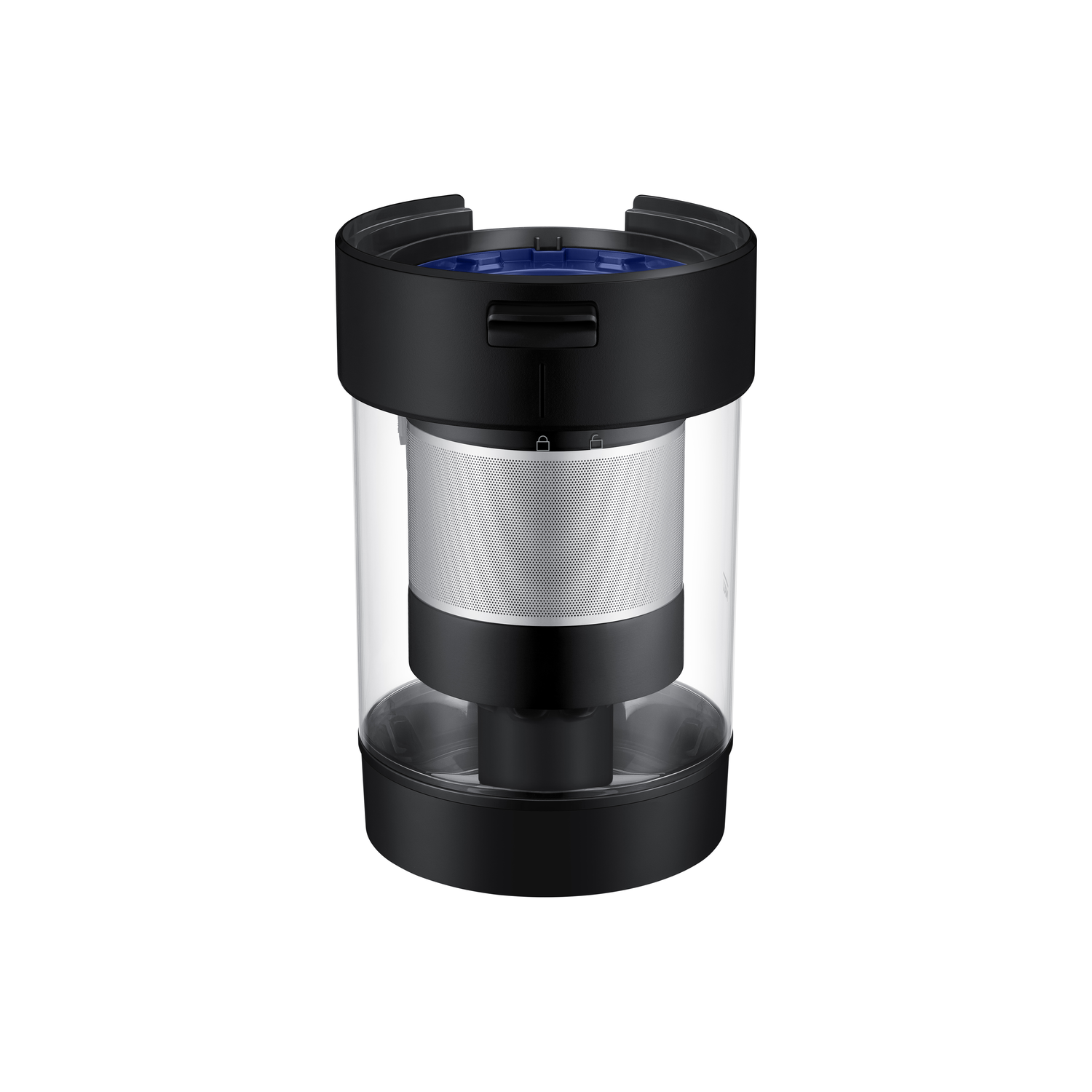 Un appareil noir et transparent avec un intérieur bleu. L'appareil est cylindrique.
