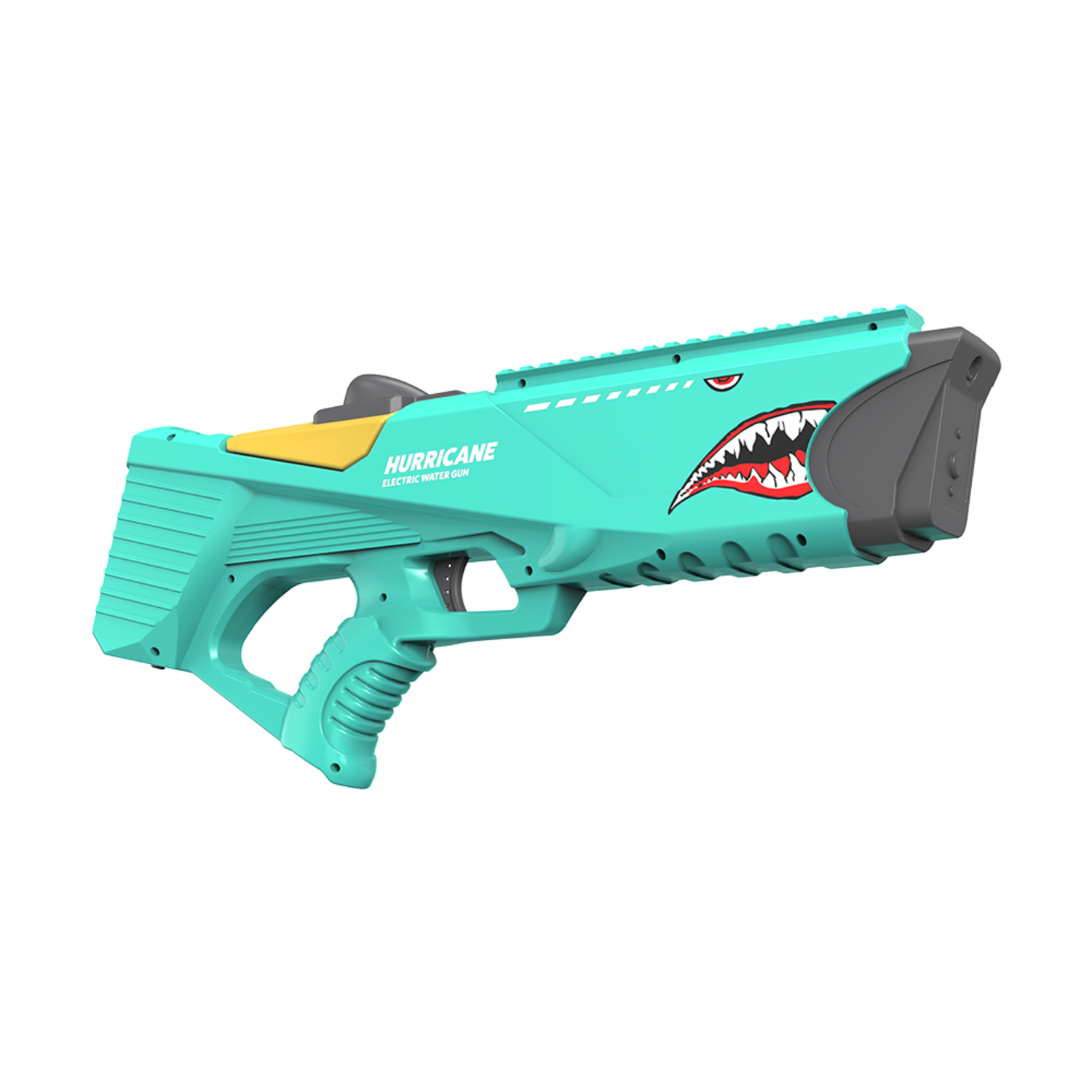 Turquoise waterpistool met haaienbekontwerp, gele accenten en de tekst "HURRICANE ELECTRIC WATER GUN" op een zwarte achtergrond.