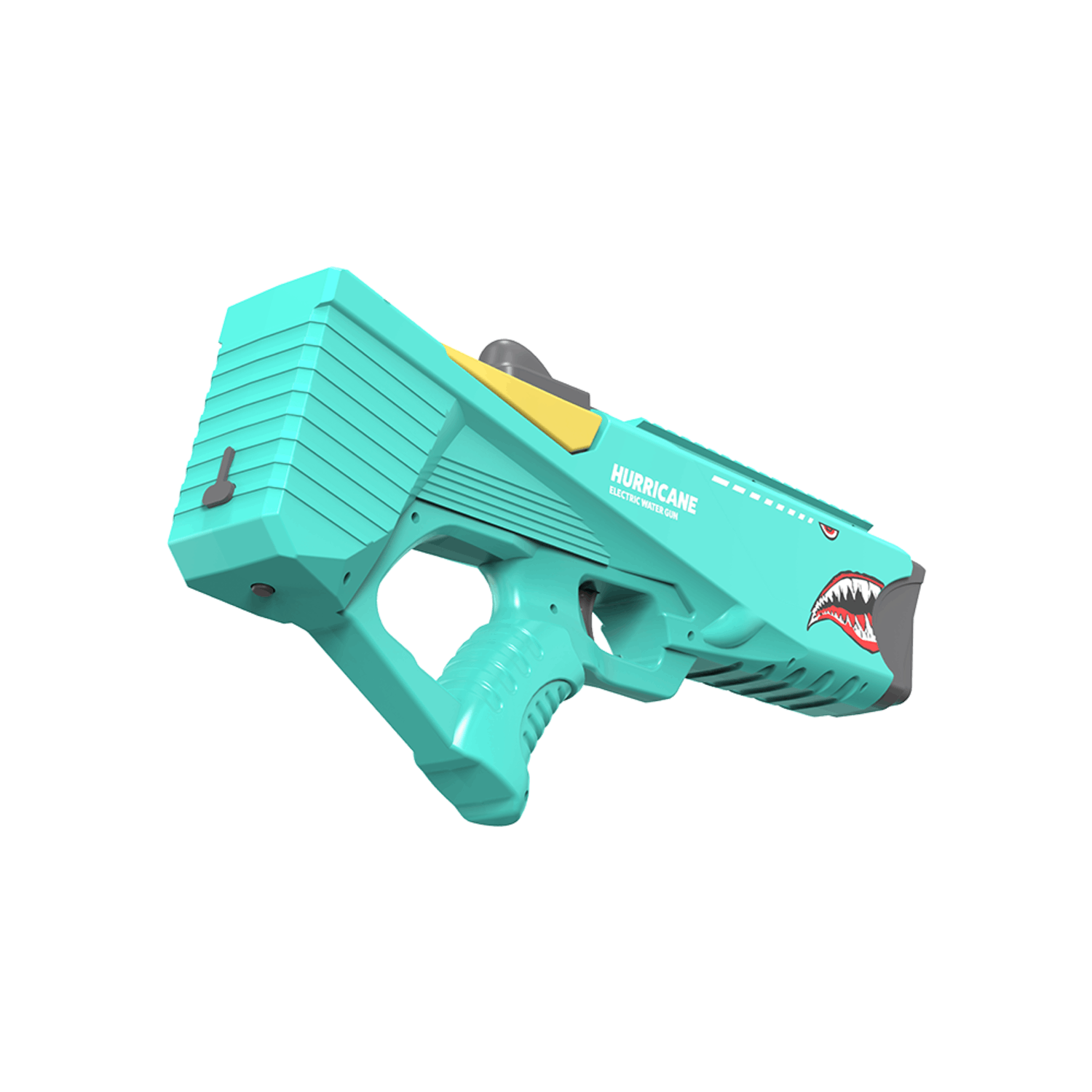 Een turquoise Hurricane elektrische waterpistool met een haai-achtig tandontwerp, gele accenten en een zwarte trekker, geïsoleerd op wit.