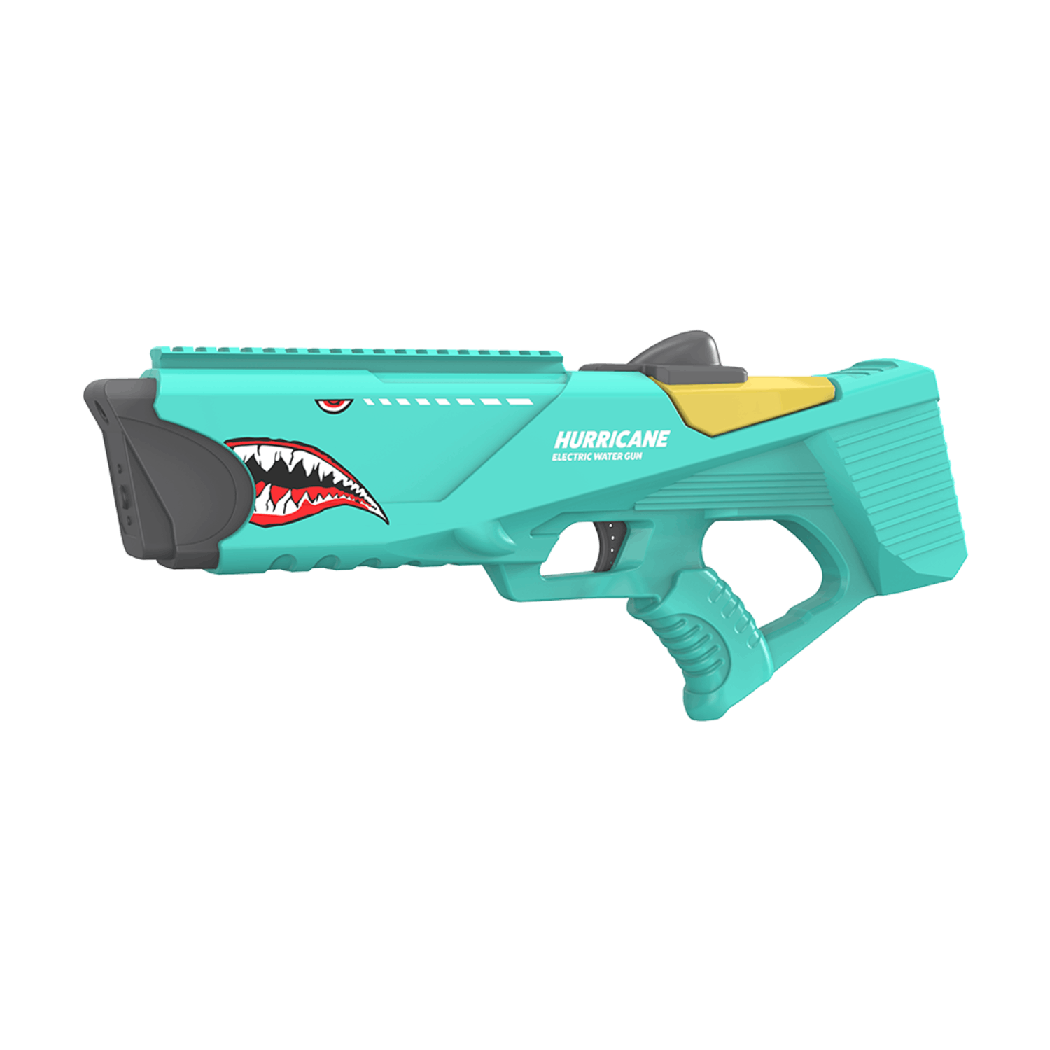 Een turquoise waterpistool met een haaienmondontwerp en het woord "HURRICANE" aan de zijkant.