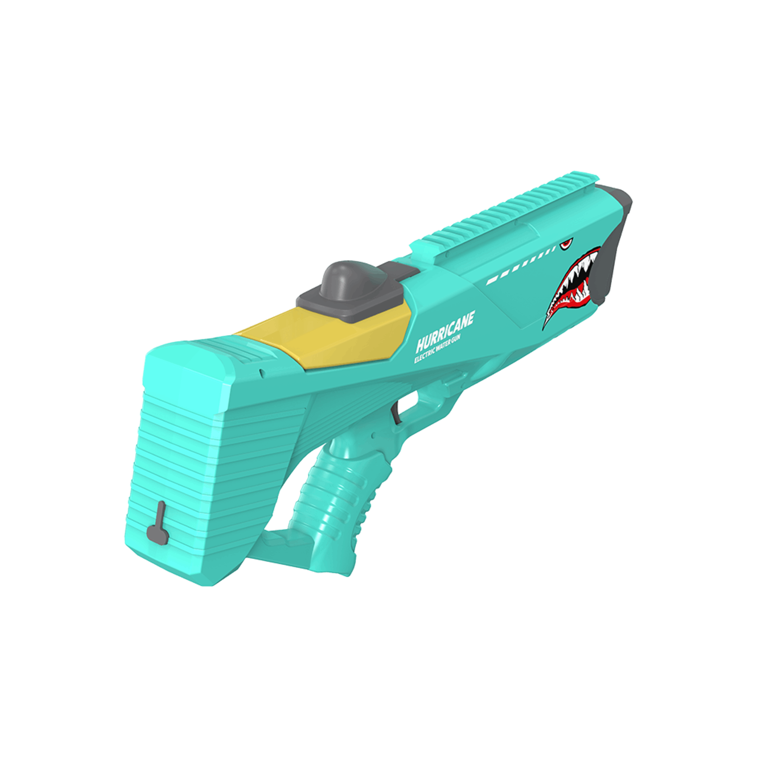 Een turquoise Hurricane elektrische waterpistool. Het heeft een haaienbekontwerp, gele accenten en een grijze trekker.