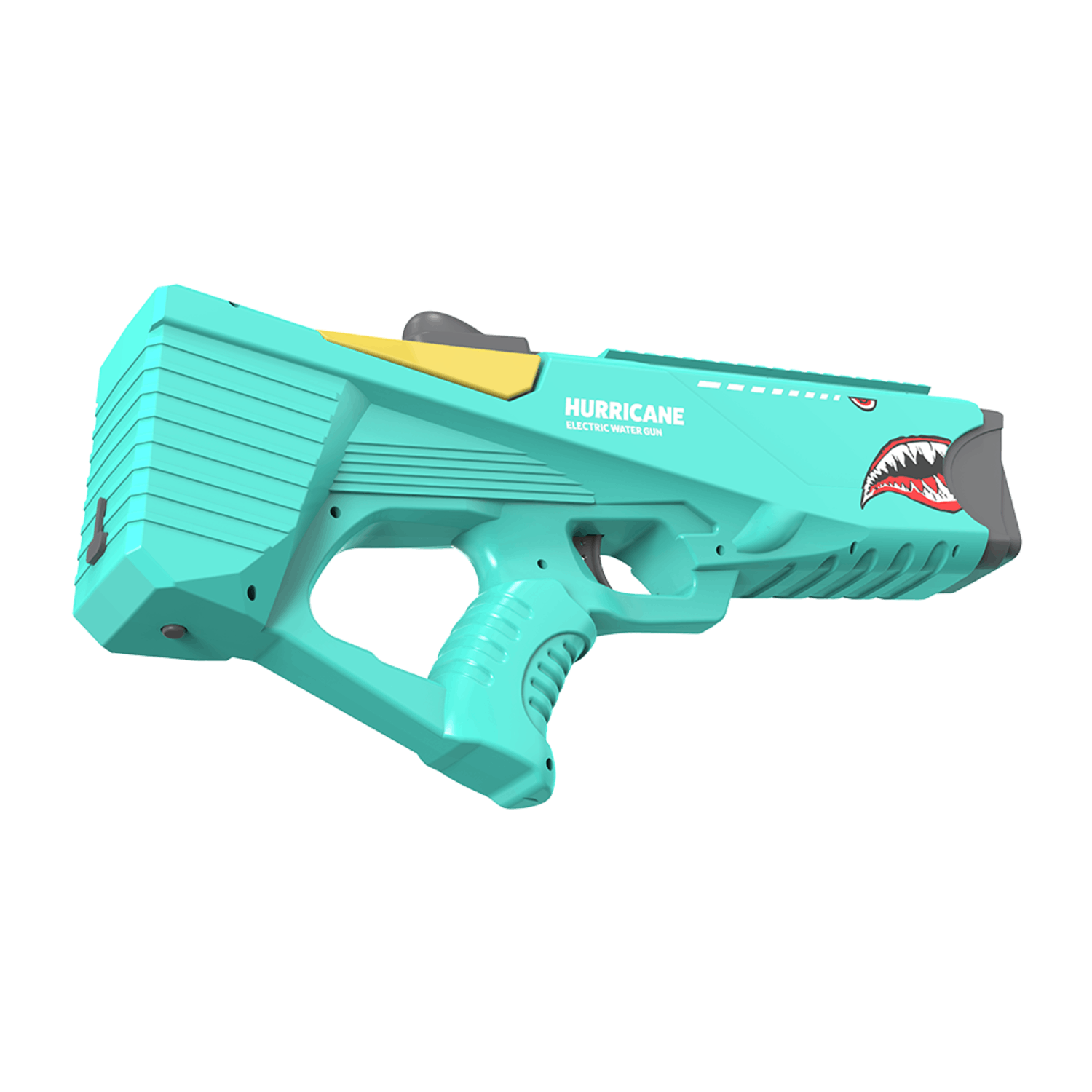 Een turquoise 'Hurricane' elektrische waterpistool met een haaienbek-ontwerp op een witte achtergrond.