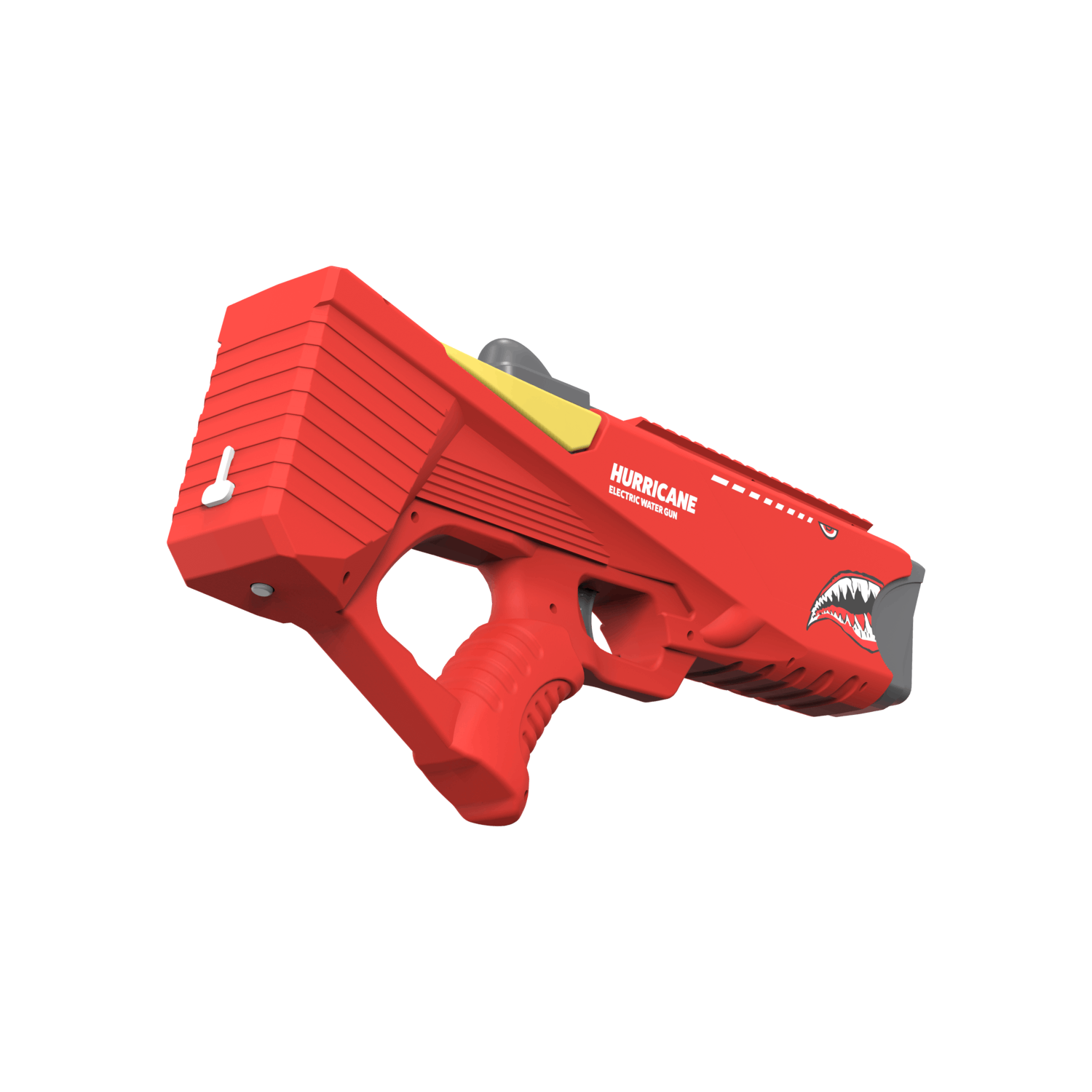 Red Hurricane electric water gun with shark teeth design, yellow accents, and white background.