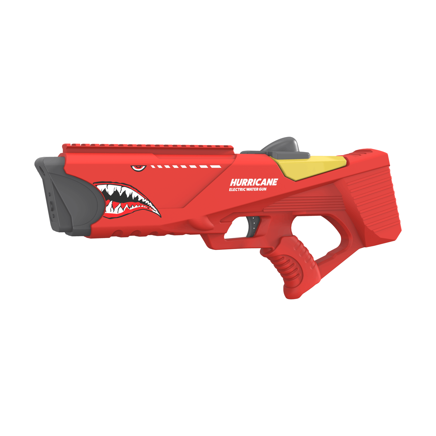 Red and yellow Hurricane water gun with a shark mouth design, on a white background.