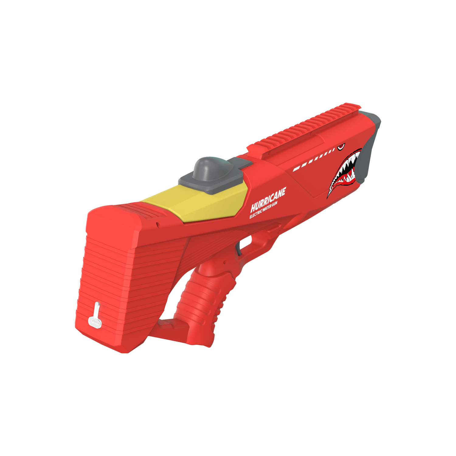 Red and yellow "Hurricane" electric water gun with a shark mouth design on a white background.