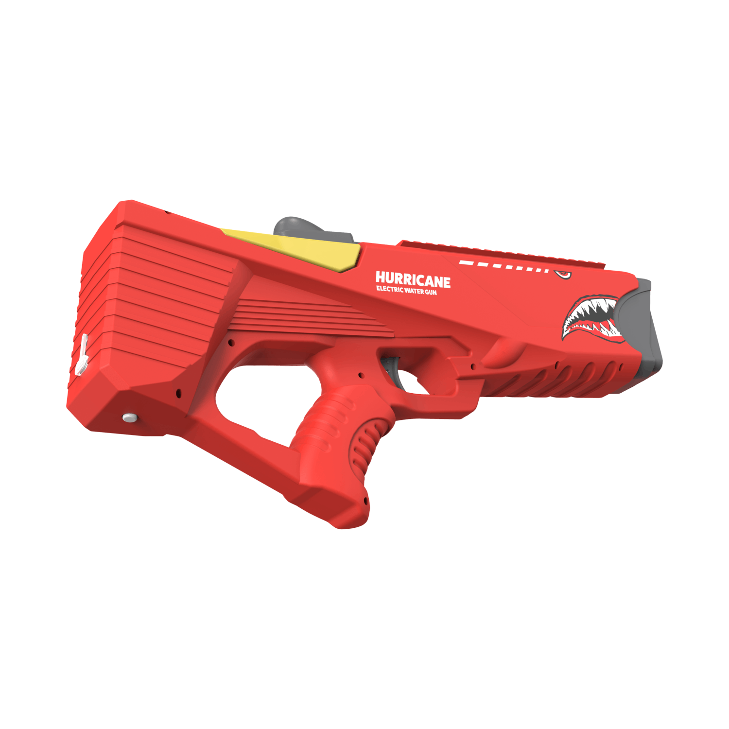 Red water gun with shark mouth design, yellow accents, and 'Hurricane' text.