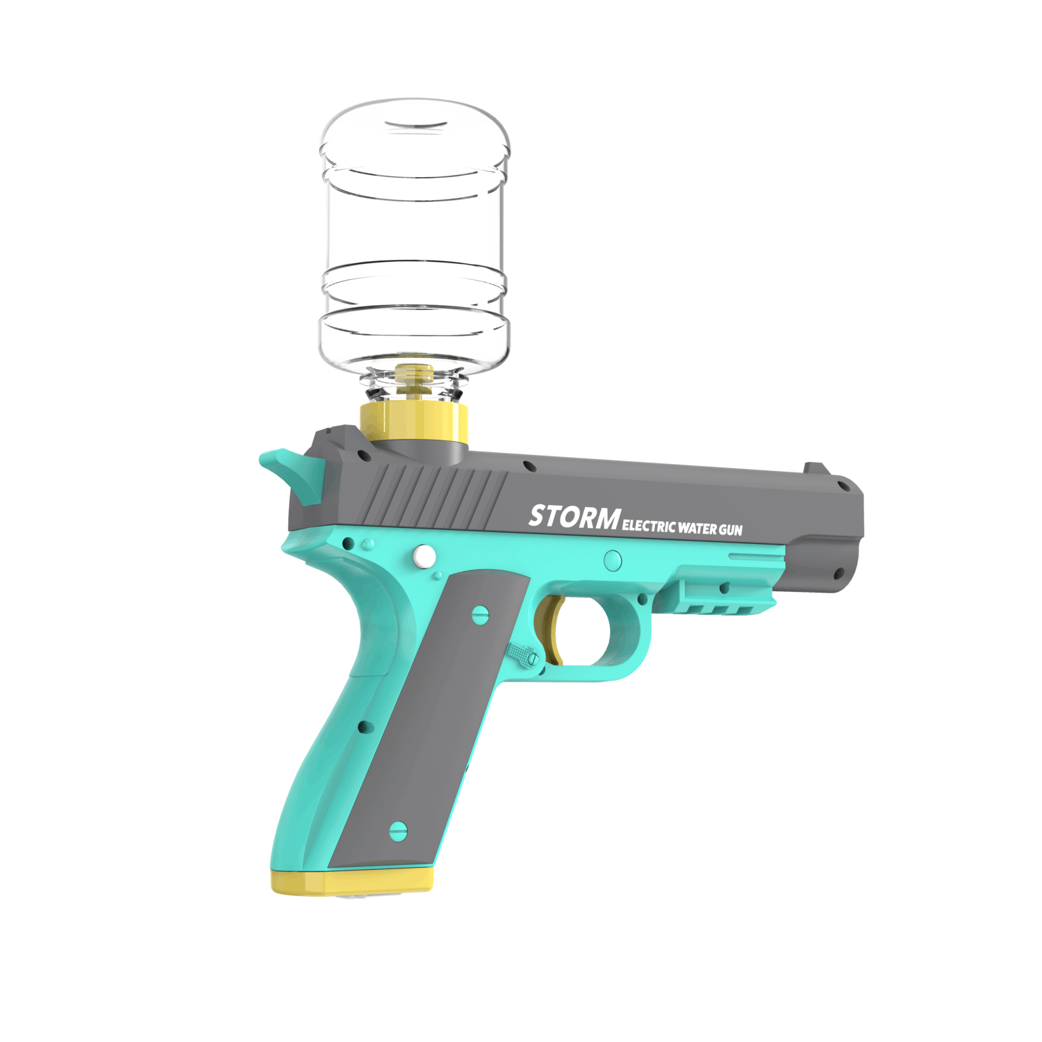 A toy water gun with a clear water bottle on top. It is grey, teal, and yellow, labeled "Storm Electric Water Gun."