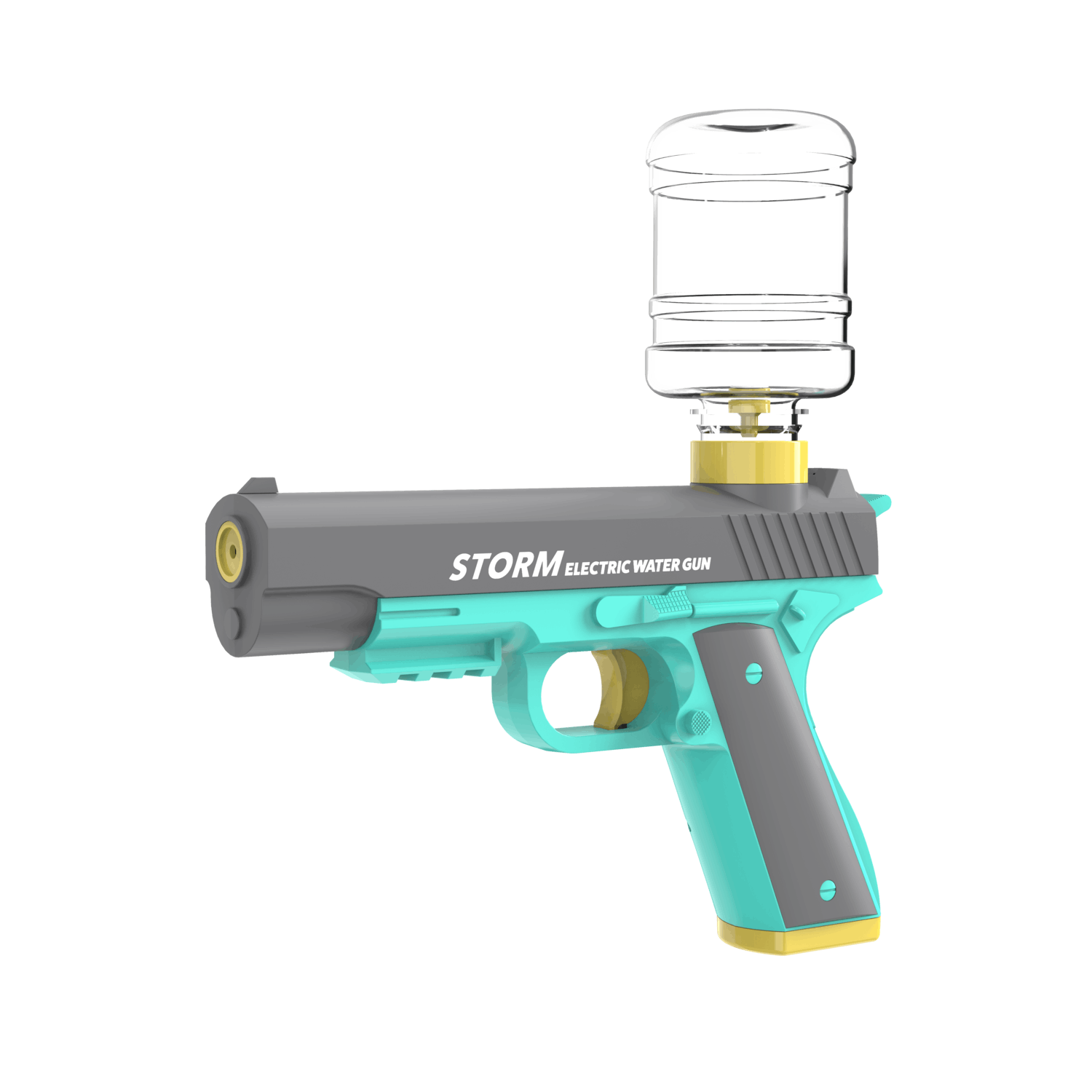 A teal, gray, and yellow water gun with a transparent water bottle on top, labeled 'STORM ELECTRIC WATER GUN' on a white background.