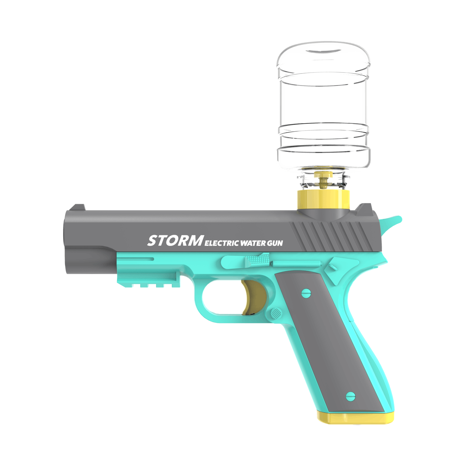 A toy water gun with a water bottle attached. It has gray, teal, and yellow colors. The text "STORM ELECTRIC WATER GUN" is visible.