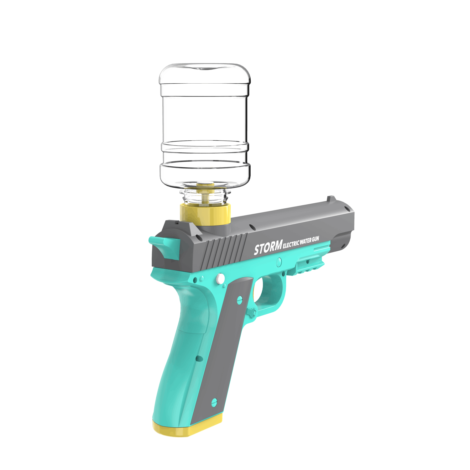 An electric water gun with a clear water bottle on top, grey, teal, and yellow in color, isolated on white.