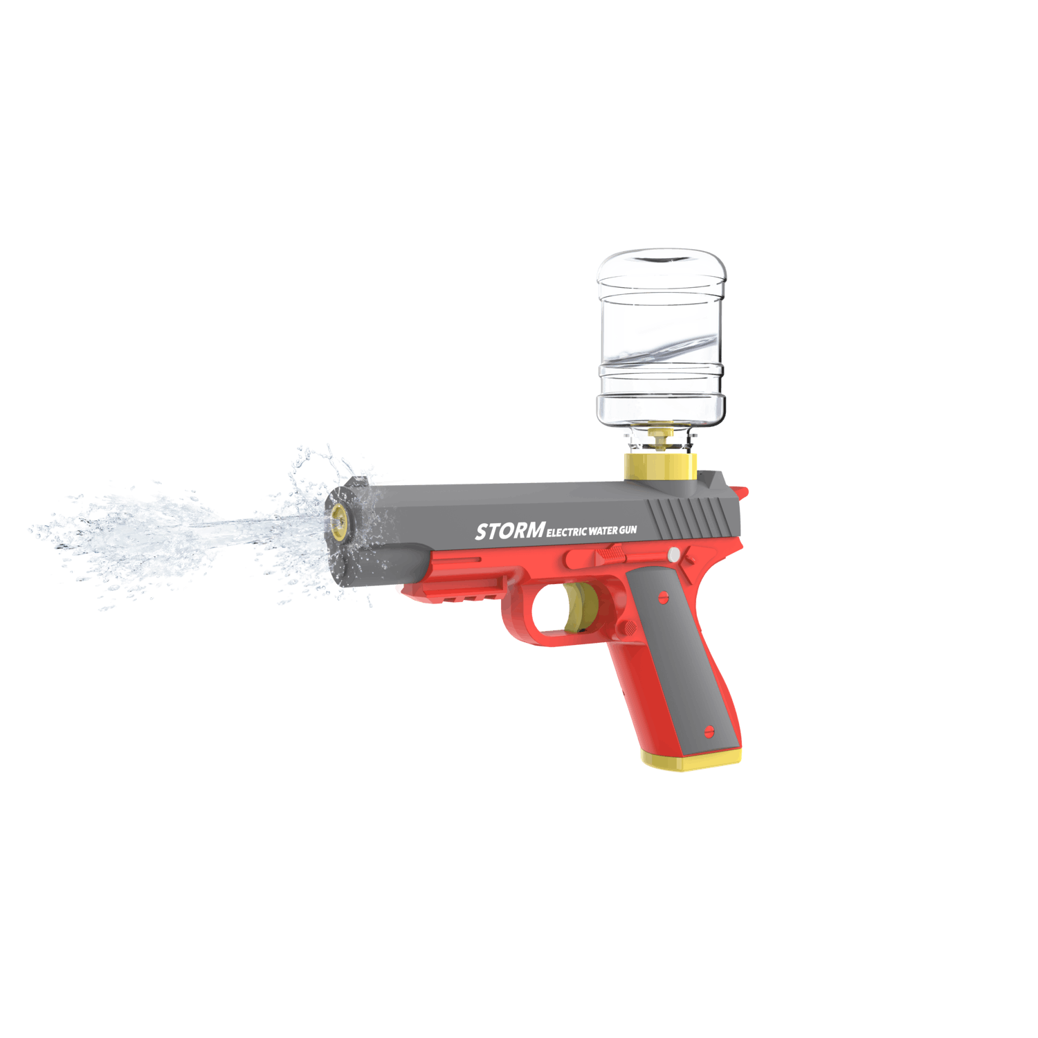 Red, gray, and yellow water gun with a water reservoir on top, spraying water. White background.